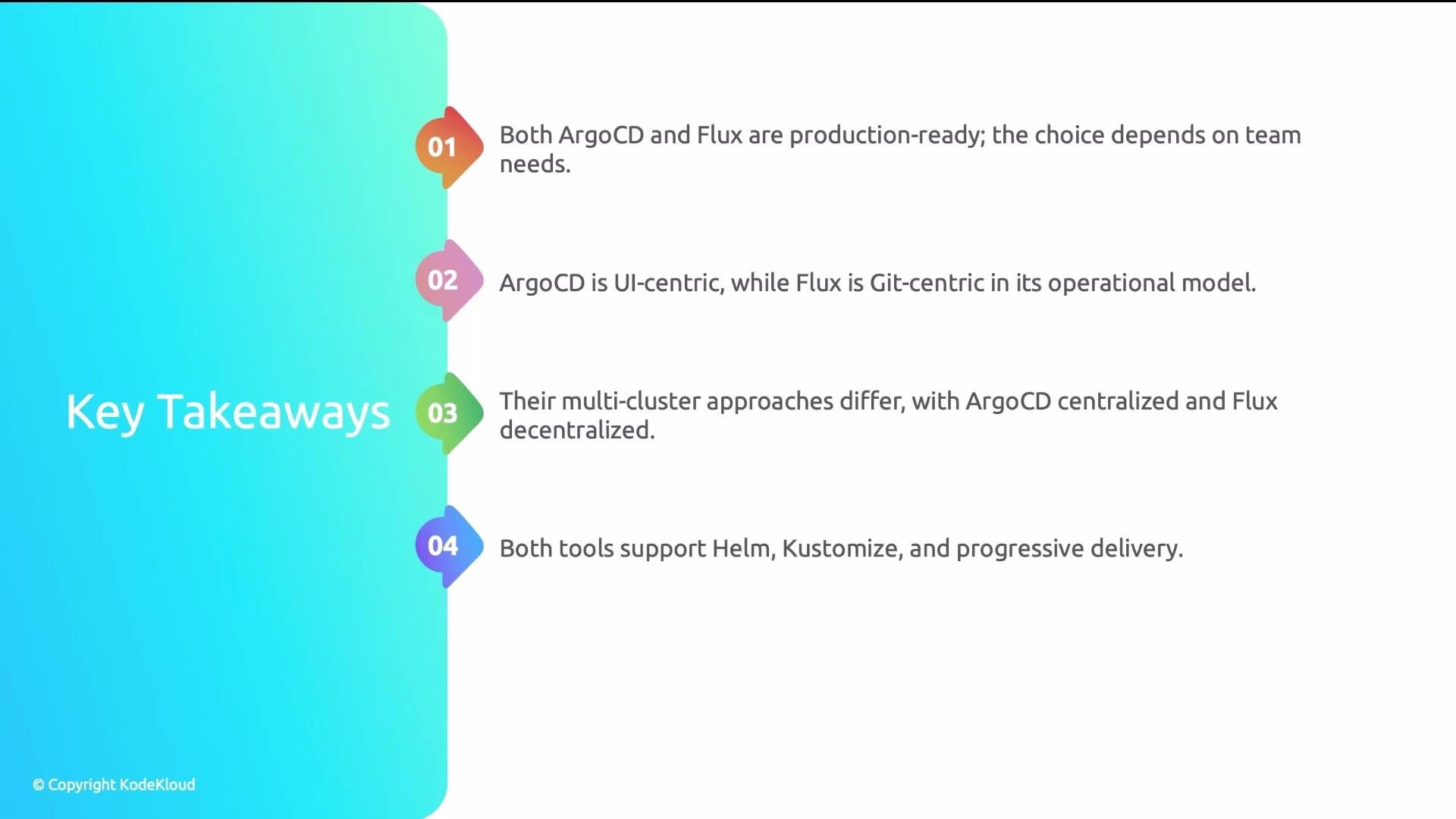 The image presents key takeaways comparing ArgoCD and Flux, highlighting differences in their production readiness, operational models, multi-cluster approaches, and support for tools like Helm and Kustomize.