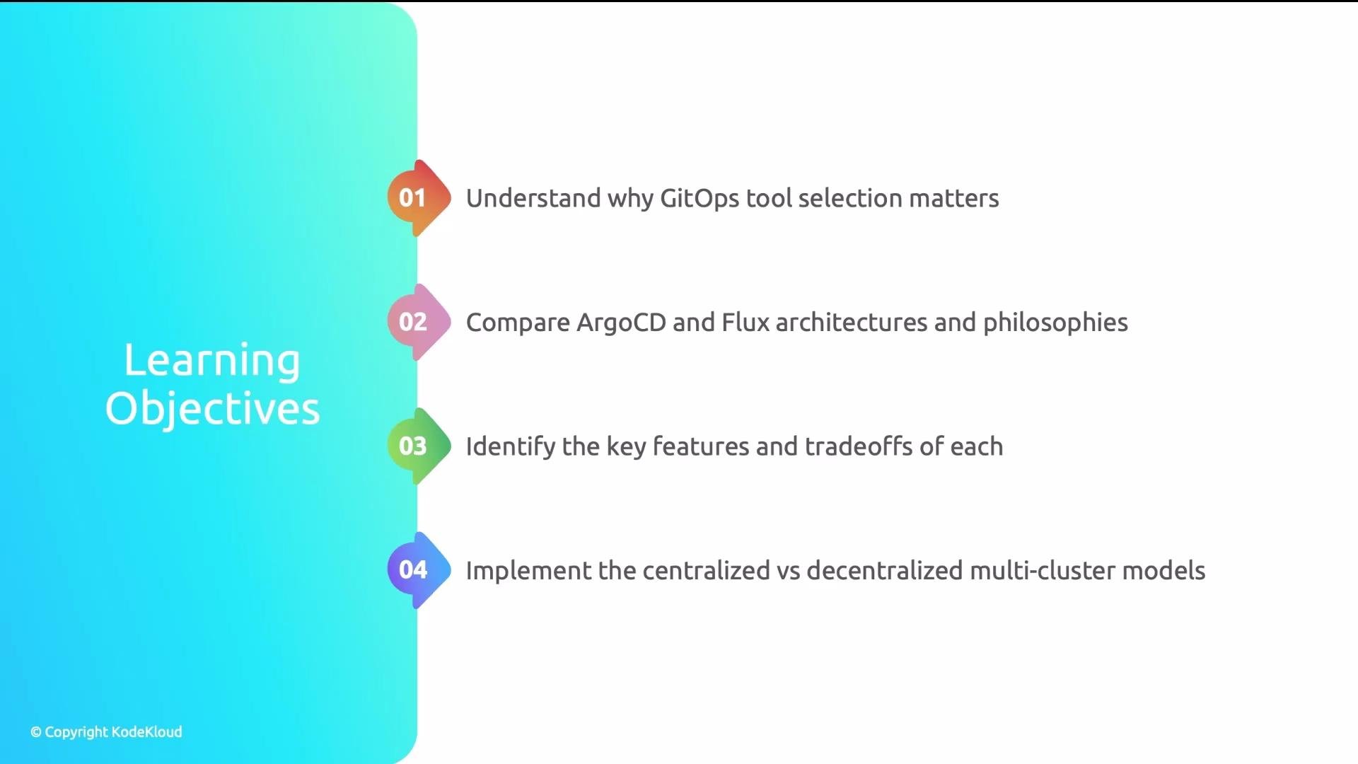 The image lists learning objectives related to GitOps and compares ArgoCD and Flux, highlighting their architectures, features, and models.