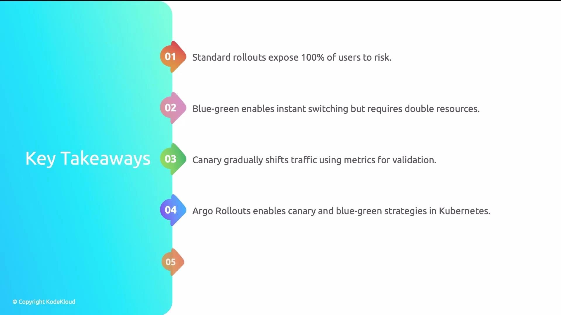The image shows "Key Takeaways" on deployment strategies, including standard rollouts, blue-green deployments, canary deployments, and using Argo Rollouts with Kubernetes.