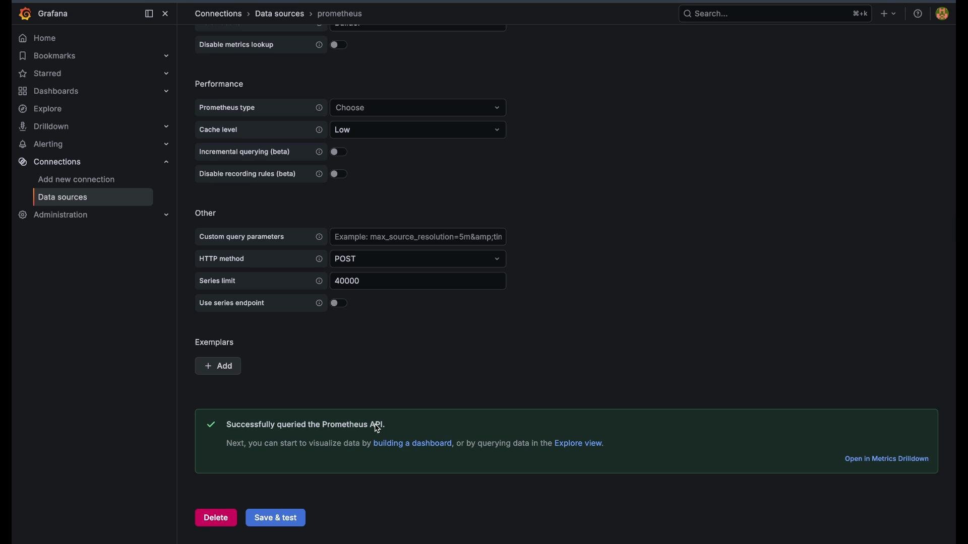 The image shows the settings for configuring a Prometheus data source in Grafana, including options for performance, query parameters, and HTTP methods.