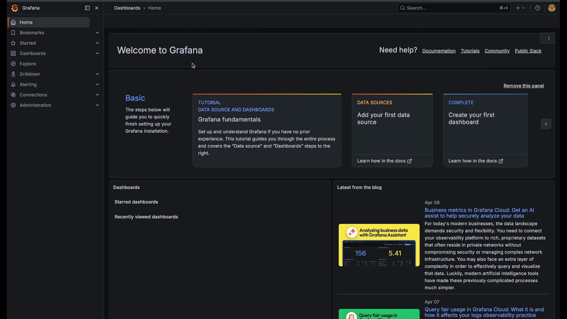 The image shows the Grafana dashboard interface, featuring a welcome message and options for setting up data sources and creating dashboards. There are also links for help and recent blog updates.