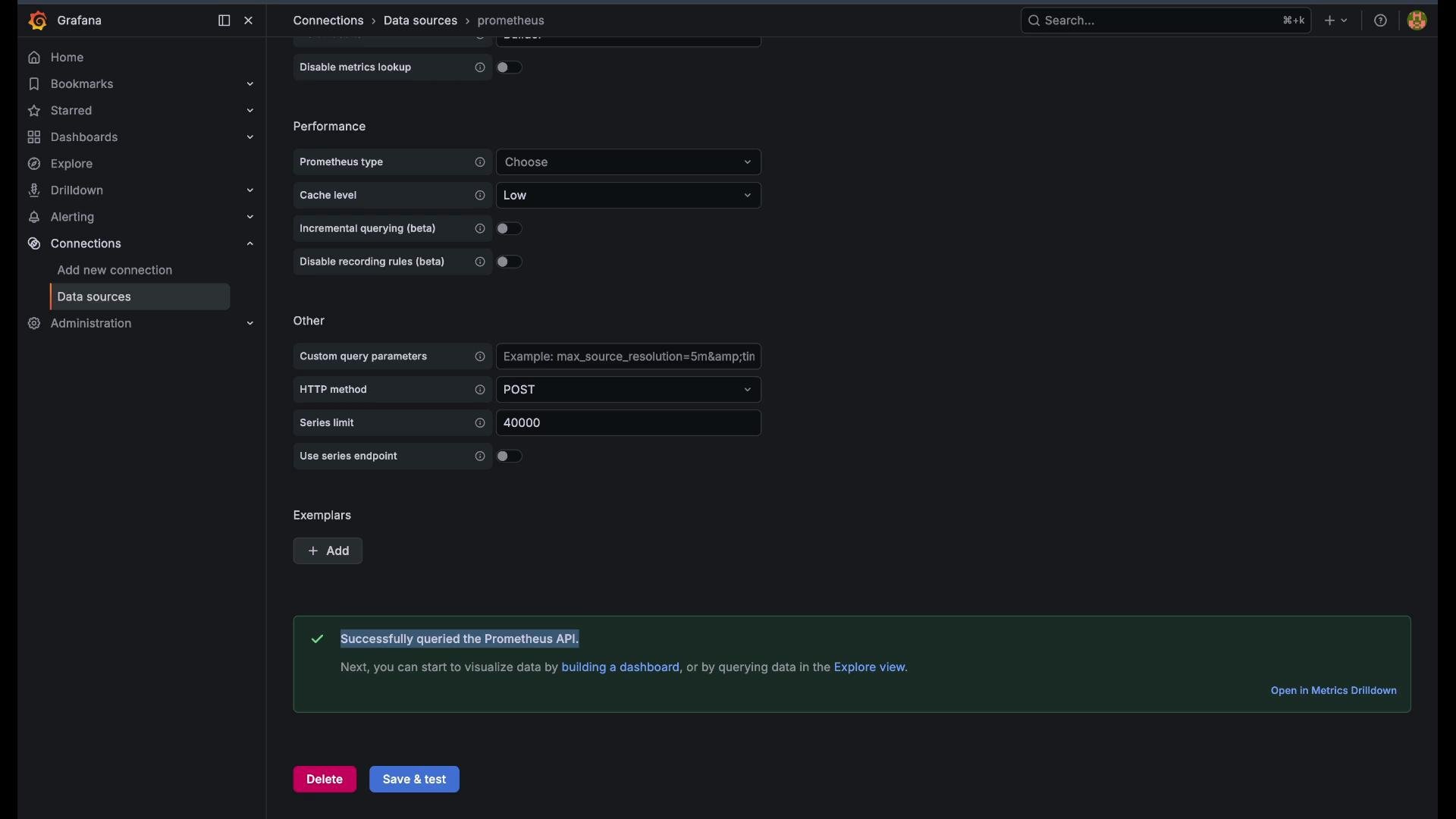 The image shows a Grafana data source configuration screen for Prometheus, with various settings toggles and input fields for performance and connection parameters. There's a notification indicating successful querying of the Prometheus API.