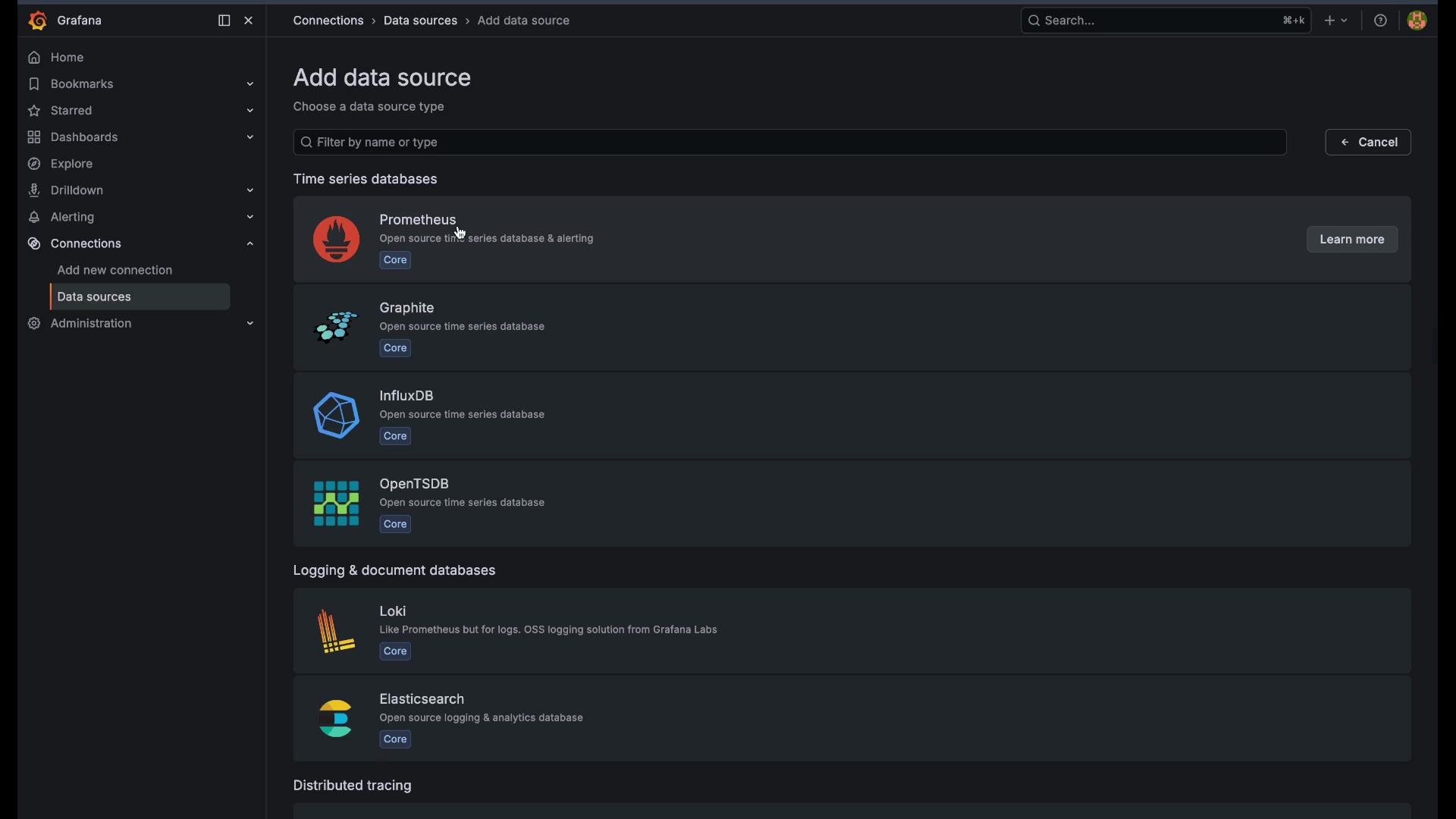 The image shows a Grafana interface with options to add different data sources, including Prometheus, Graphite, InfluxDB, and others. It is organized under categories like time series databases and logging & document databases.