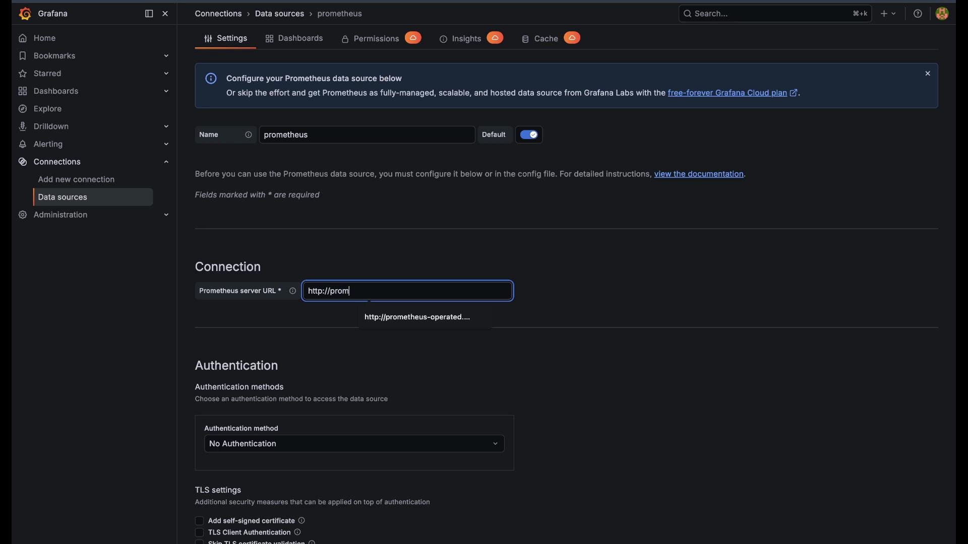 The image shows the Grafana interface for configuring a Prometheus data source, including fields for connection settings and authentication methods.