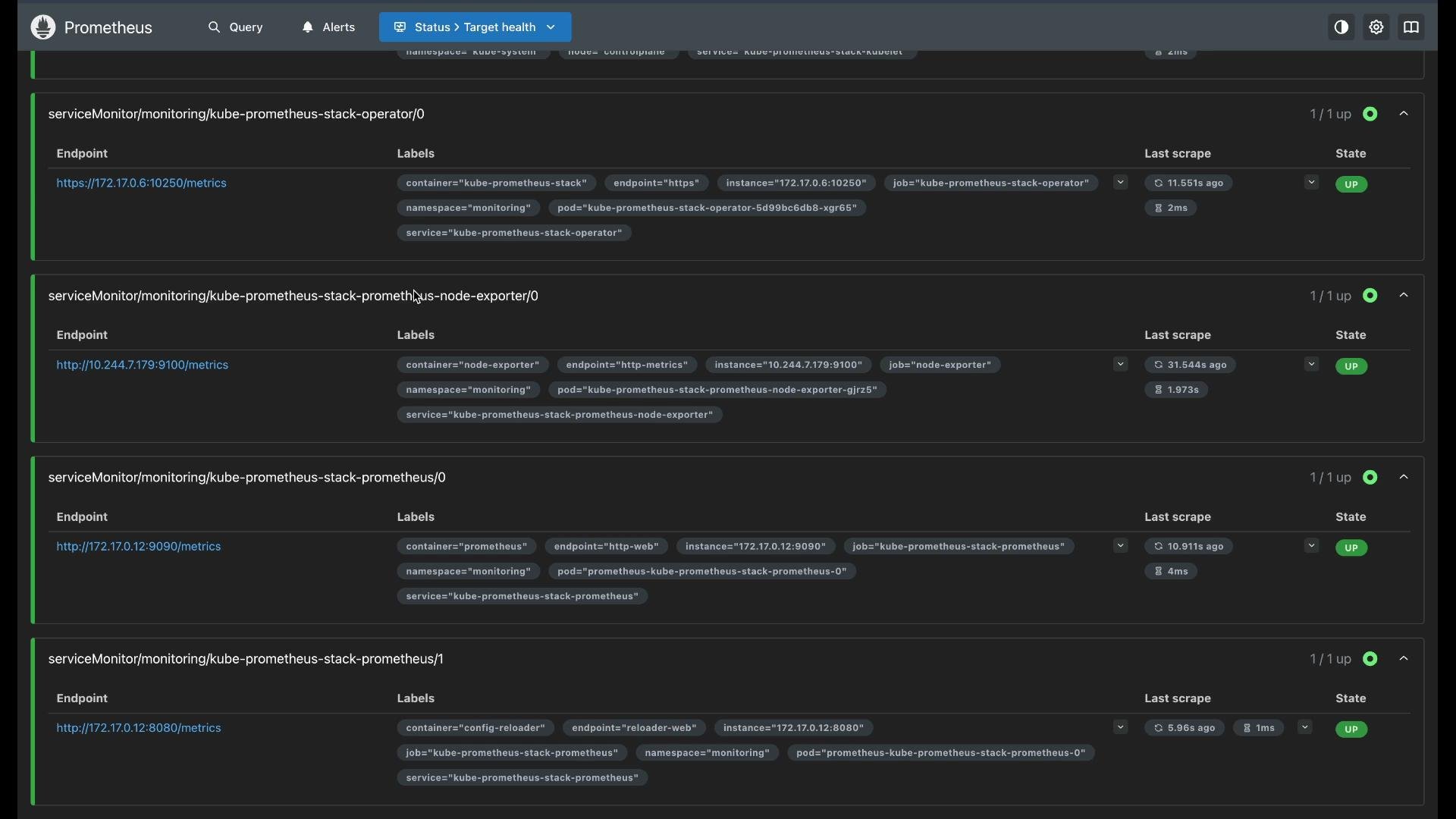 The image shows a Prometheus dashboard with a list of monitored service endpoints, each displaying labels, endpoints, last scrape times, and their current states as "UP".