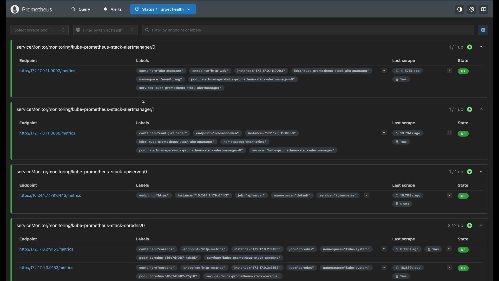 The image shows a Prometheus monitoring dashboard displaying the status and health of various service monitors, each with endpoints, labels, and their current state.