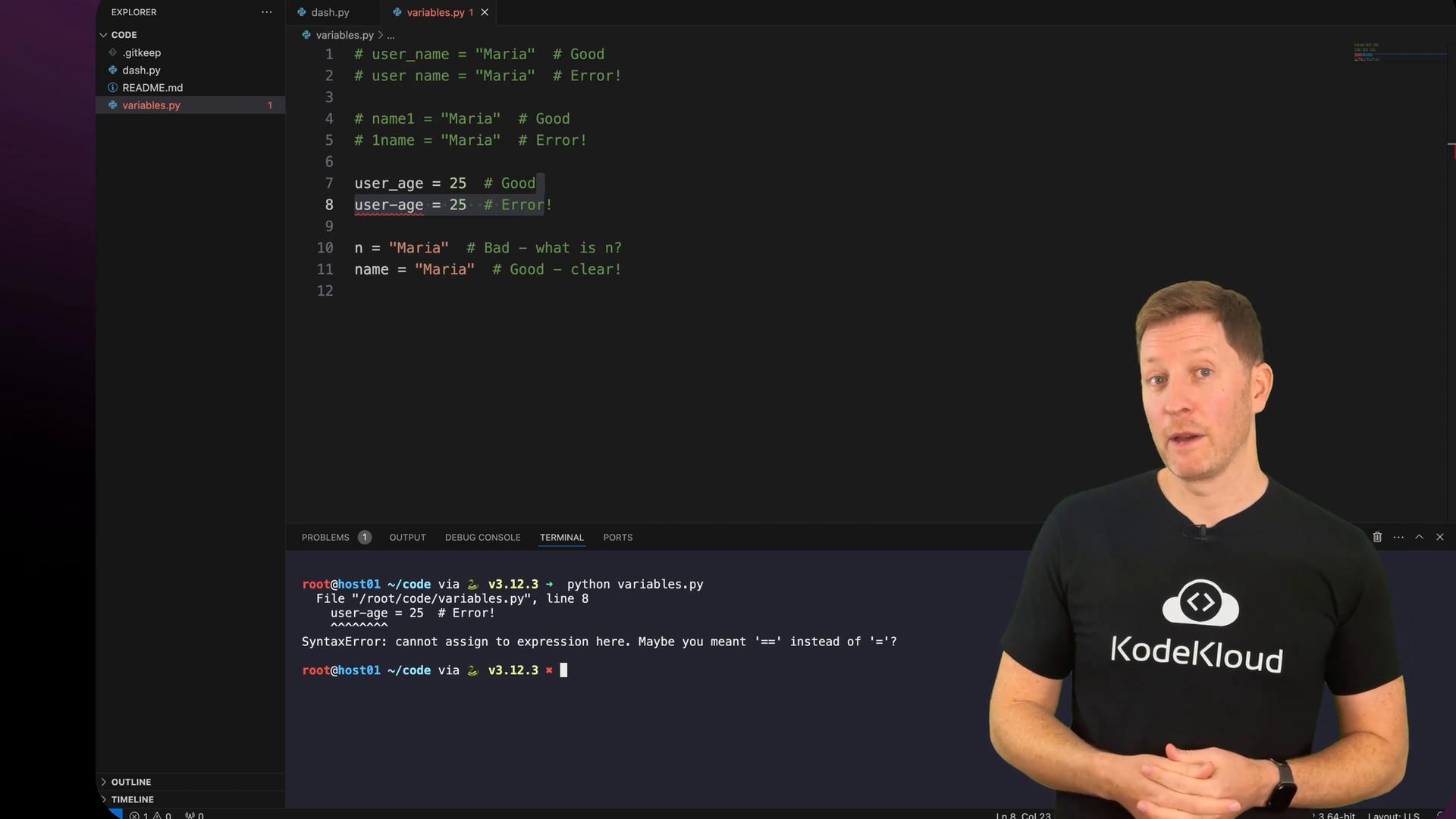 A person wearing a KodeKloud t-shirt stands beside a screen showing a code editor with Python variable-name examples (e.g., user_age vs user-age) and a SyntaxError output in the terminal. The file variables.py is open in the project explorer.