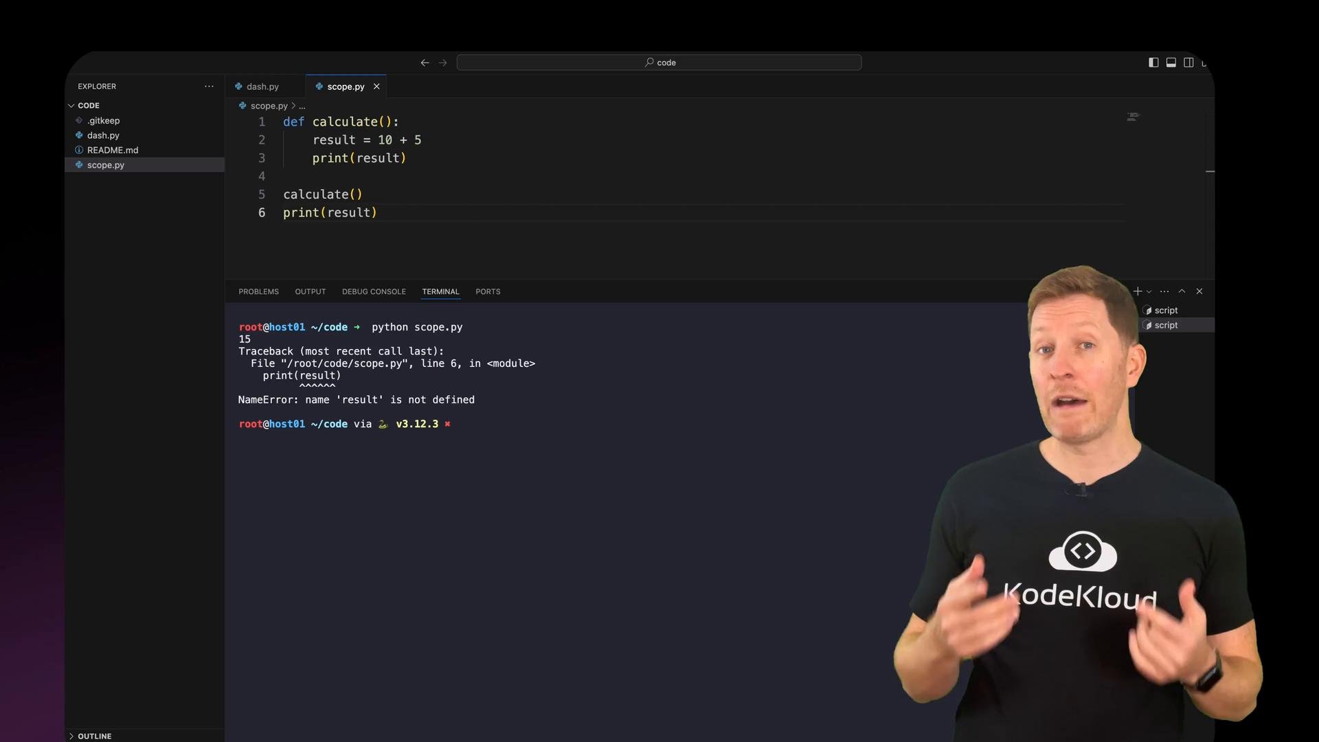A code editor window (VS Code) showing a small Python script that prints a local variable and a terminal error (NameError: name 'result' is not defined). A presenter wearing a KodeKloud shirt is visible gesturing in the bottom-right corner.