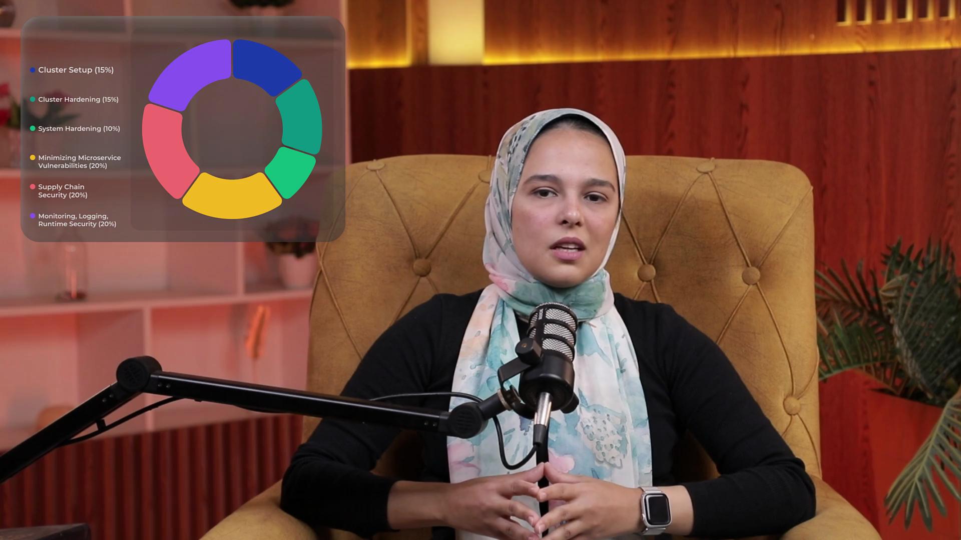 The image shows a person sitting in a chair with a microphone, speaking. Next to them is a colorful pie chart labeled with different security topics and percentages.