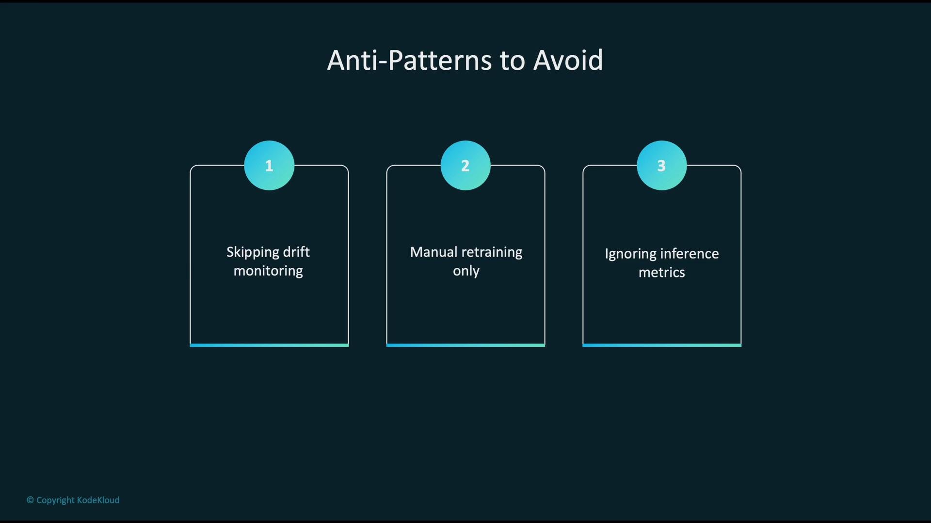The image lists three anti-patterns to avoid: skipping drift monitoring, relying on manual retraining only, and ignoring inference metrics.