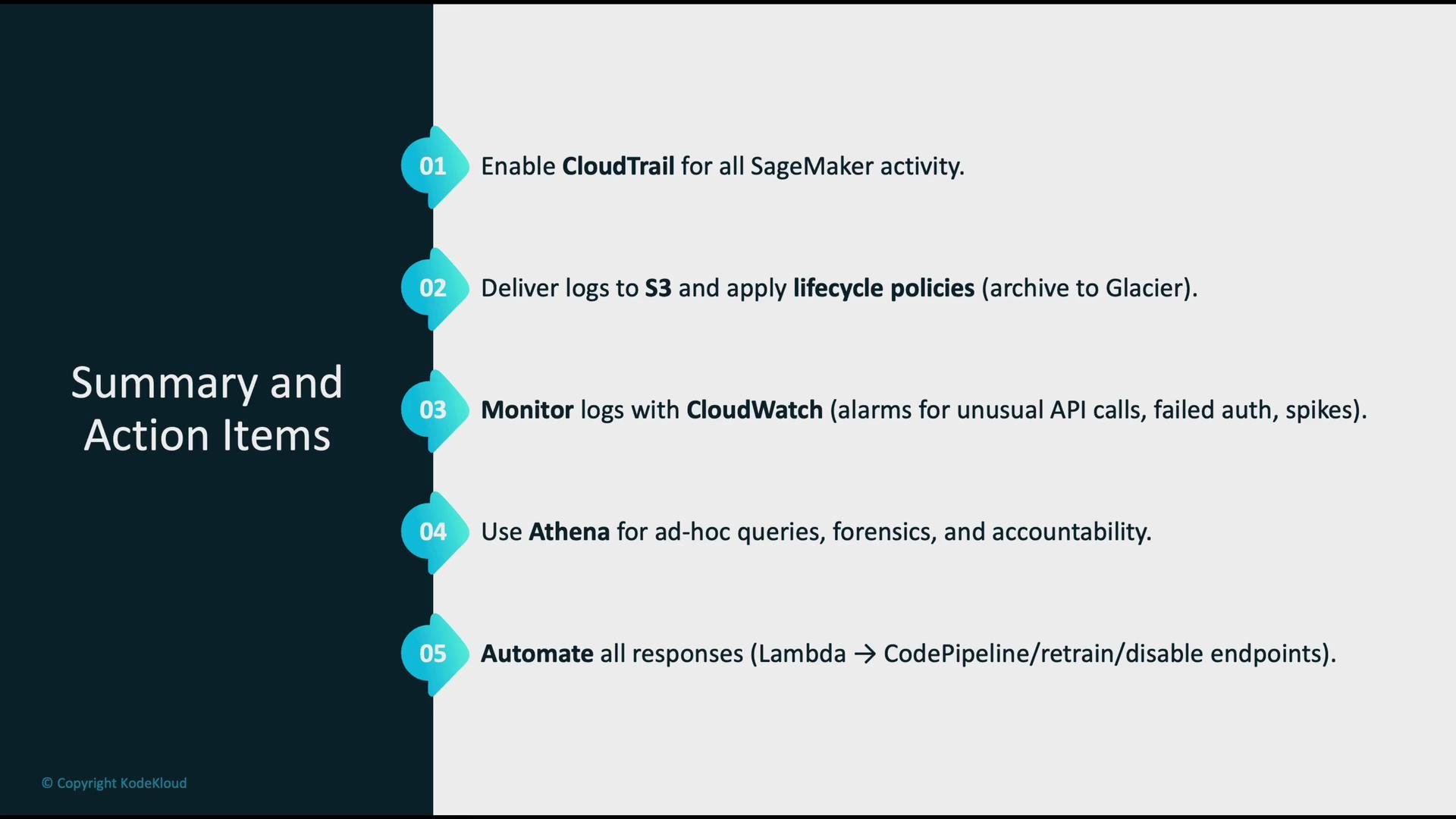 The image outlines summary and action items related to cloud services, including enabling CloudTrail, delivering logs to S3, monitoring with CloudWatch, using Athena for queries, and automating responses.