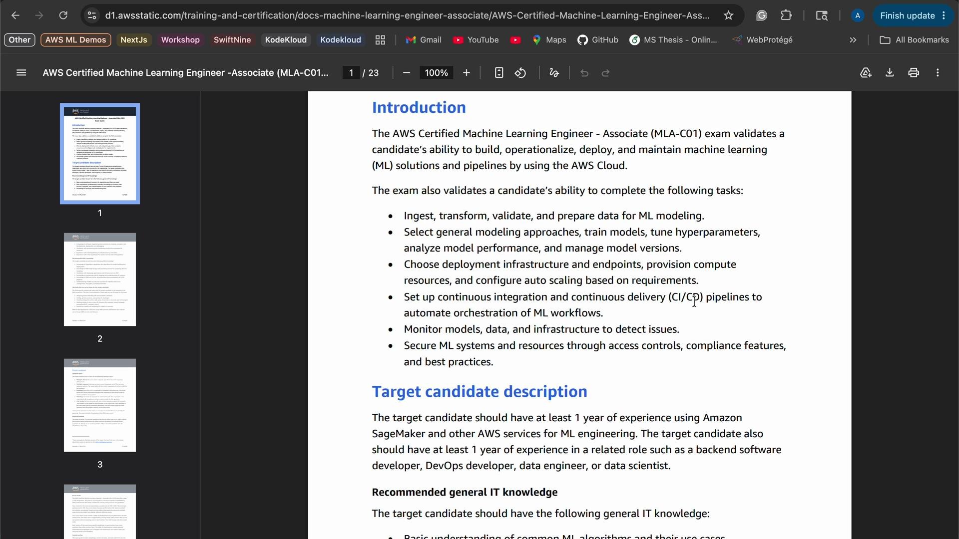 The image displays a PDF document titled "AWS Certified Machine Learning Engineer - Associate," detailing the introduction and targeted candidate description for the certification exam.