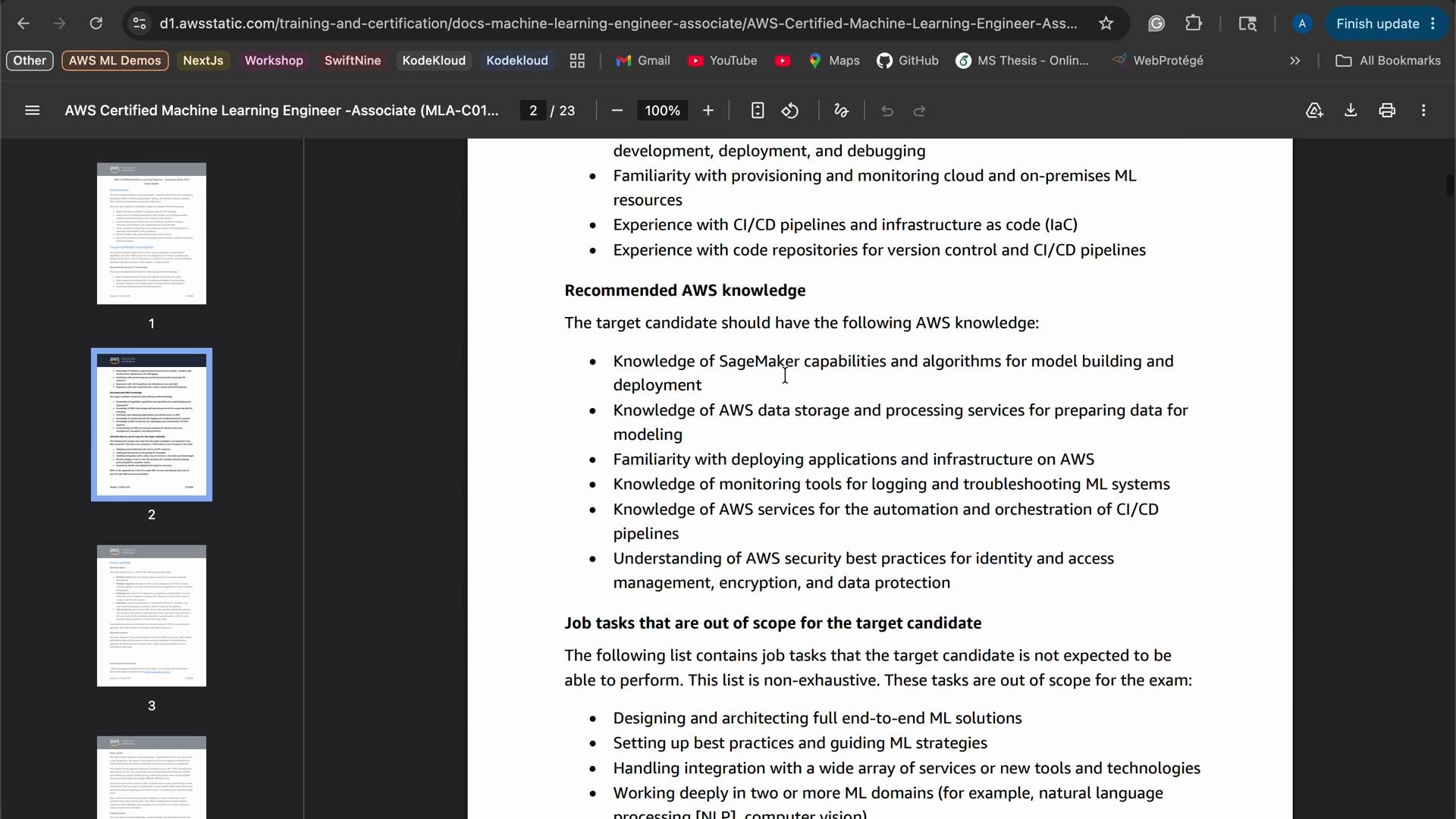 The image shows a document listing the recommended AWS knowledge for a Certified Machine Learning Engineer, including familiarity with SageMaker, data processing services, and security best practices. The document also outlines job tasks that are out of scope for the target candidate.