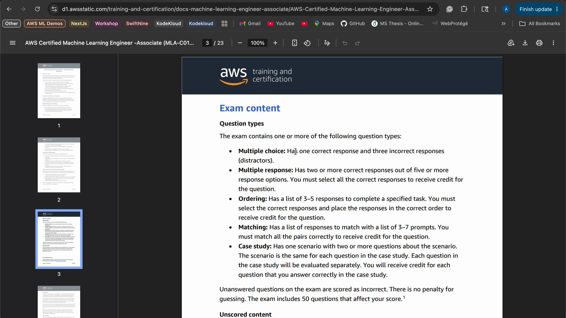The image shows a document detailing the exam content for the AWS Certified Machine Learning Engineer Associate exam, including question types like multiple choice, multiple response, and case study.