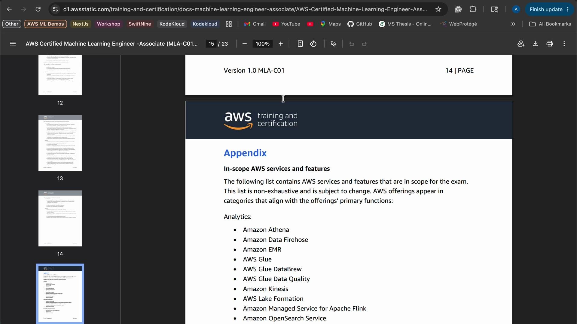 The image shows a PDF document titled "AWS Certified Machine Learning Engineer - Associate," specifically an appendix listing AWS services and features related to analytics. The document includes services like Amazon Athena, AWS Glue, and Amazon Kinesis.