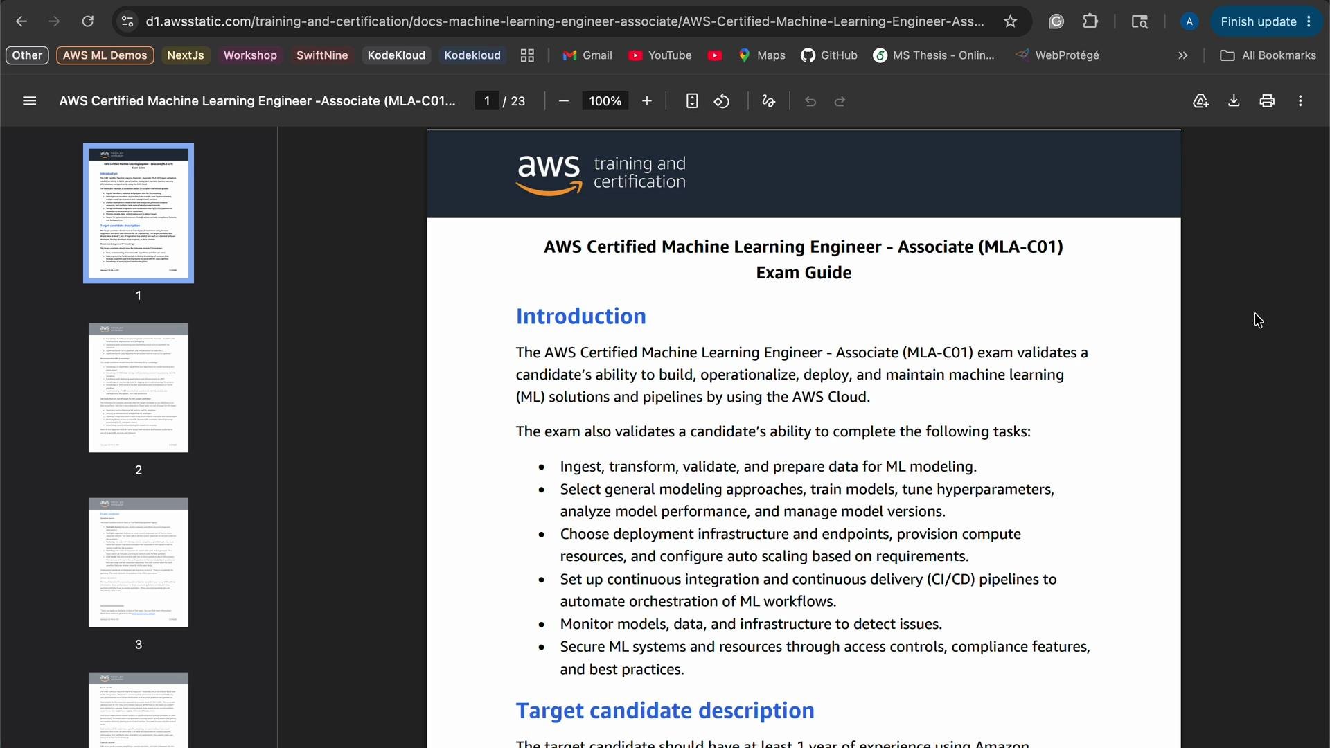 This image shows the first page of the AWS Certified Machine Learning Engineer - Associate exam guide. It includes an introduction and target candidate description.
