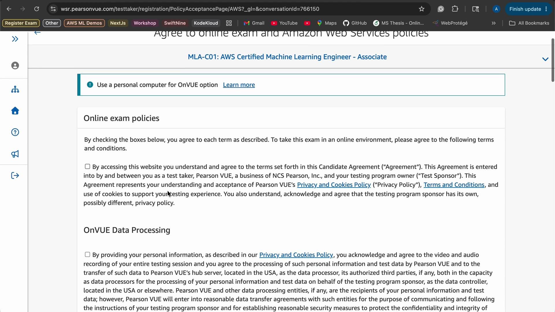 The image shows a webpage with online exam policies and agreements for AWS certification, requiring the user to check boxes to agree to terms and conditions. It includes sections on privacy, cookies, and data processing.