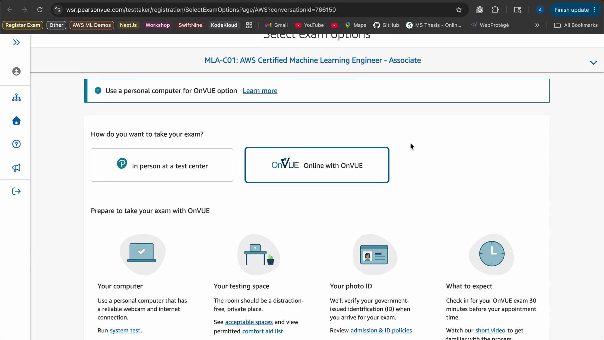 The image shows a webpage for selecting exam options for the AWS Certified Machine Learning Engineer - Associate exam. It presents choices for taking the exam in person at a test center or online with OnVUE, along with preparation guidelines.