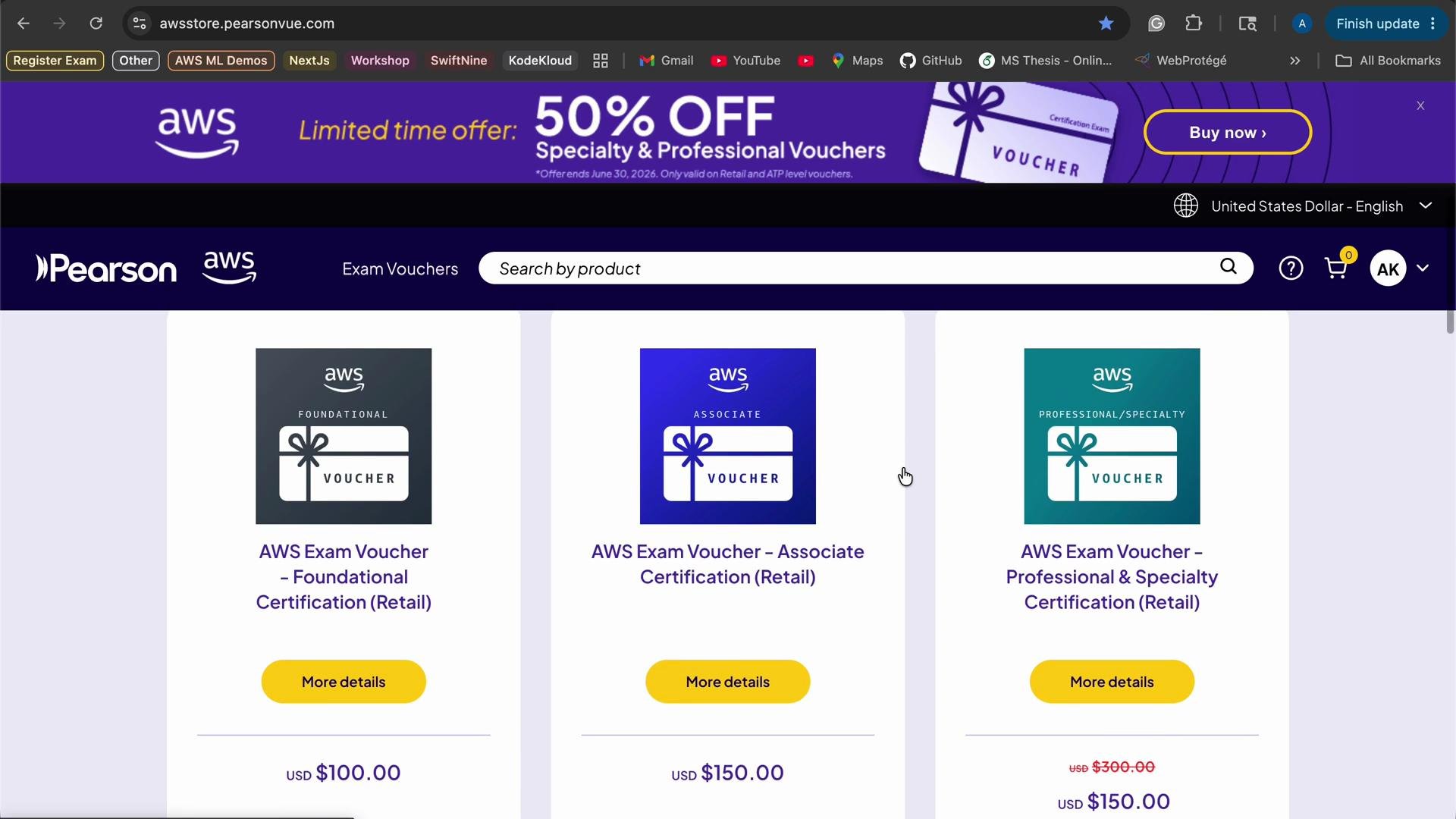 The image shows a webpage from Pearson offering AWS exam vouchers with a limited-time offer of 50% off on specialty and professional certifications. Various exam vouchers are displayed along with their prices.