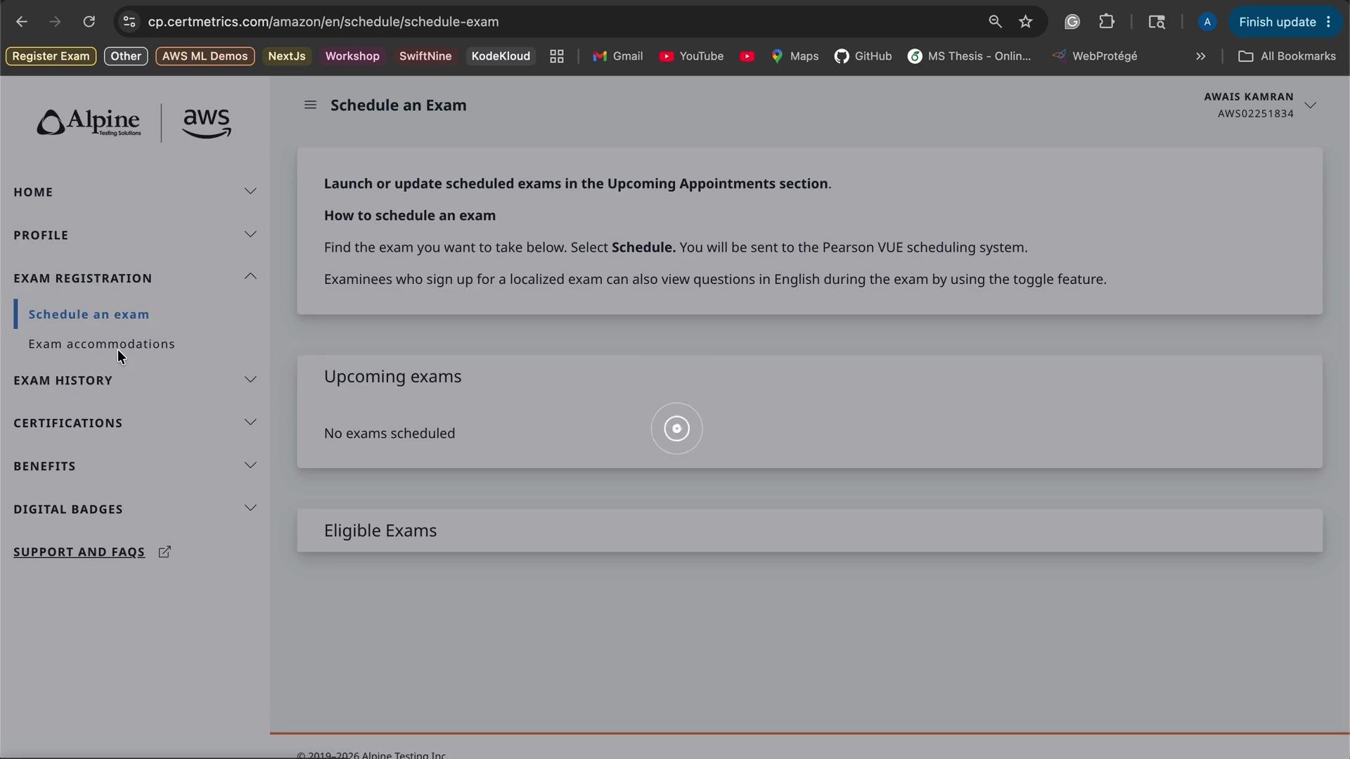 The image shows an online interface for scheduling exams with sections for "Upcoming exams" and "Eligible Exams," but there are no exams currently scheduled. There's also a sidebar with navigation options related to exam registration and other features.