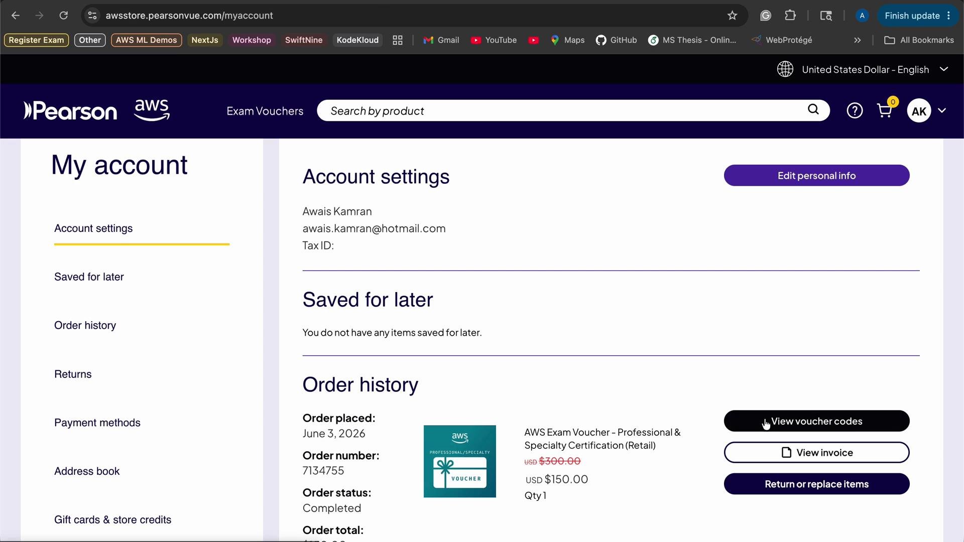 The image shows a Pearson AWS account page displaying account settings and order history for an AWS exam voucher. It includes details like order date, status, and cost, with options to view voucher codes and invoices.