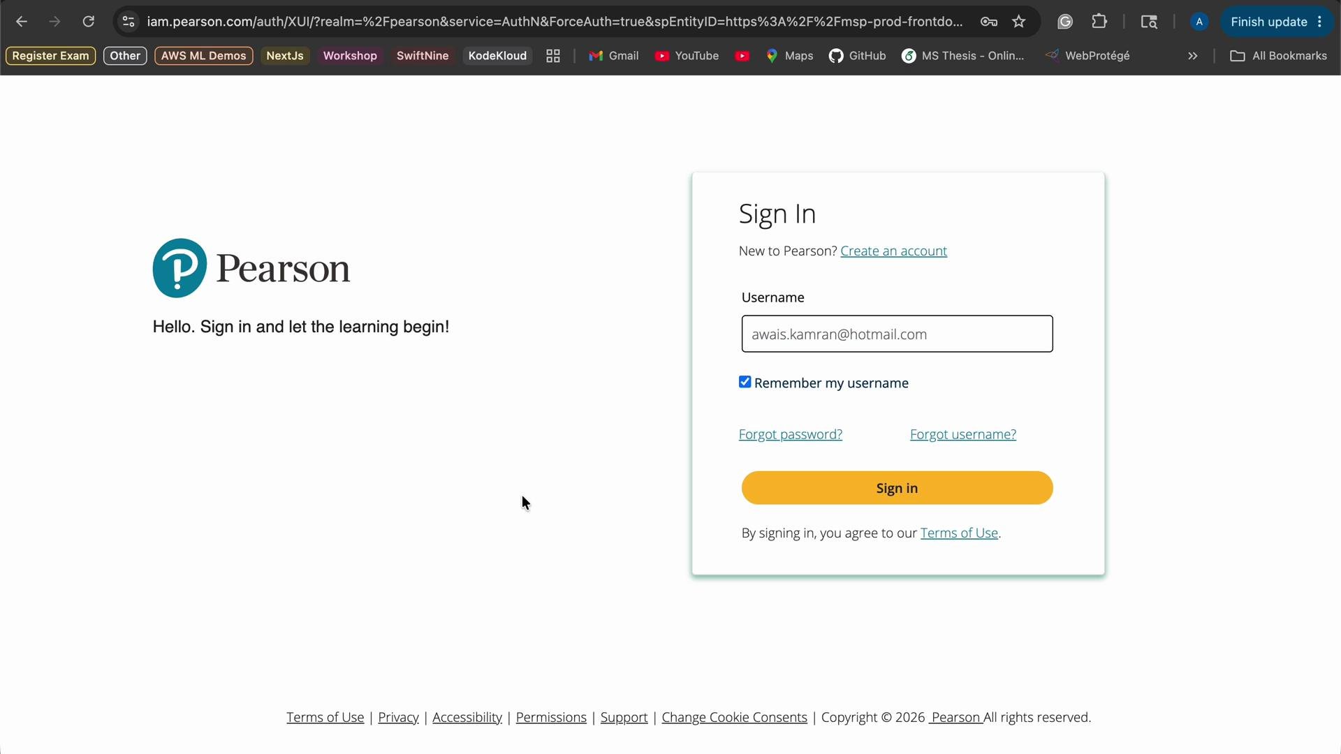 The image shows a Pearson sign-in page with fields for username and password, and a "Sign in" button. It includes options for password and username recovery, along with a link for new users to create an account.