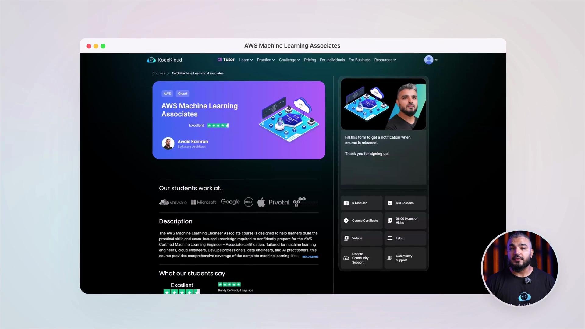 The image shows a webpage for an AWS Machine Learning Associates course on the KodeKloud platform, featuring course details, user ratings, and testimonials.