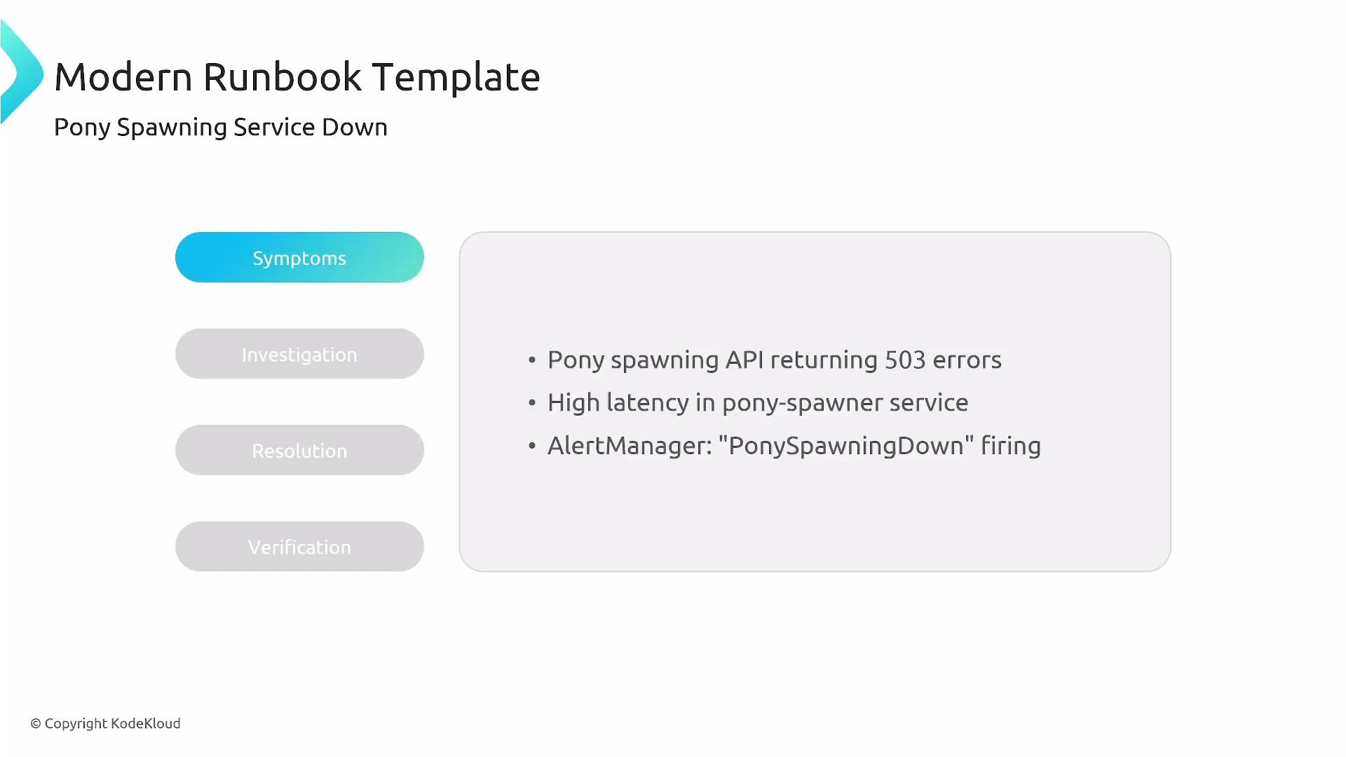The image is a modern runbook template titled "Pony Spawning Service Down," highlighting symptoms like API errors, high latency, and alert triggers.