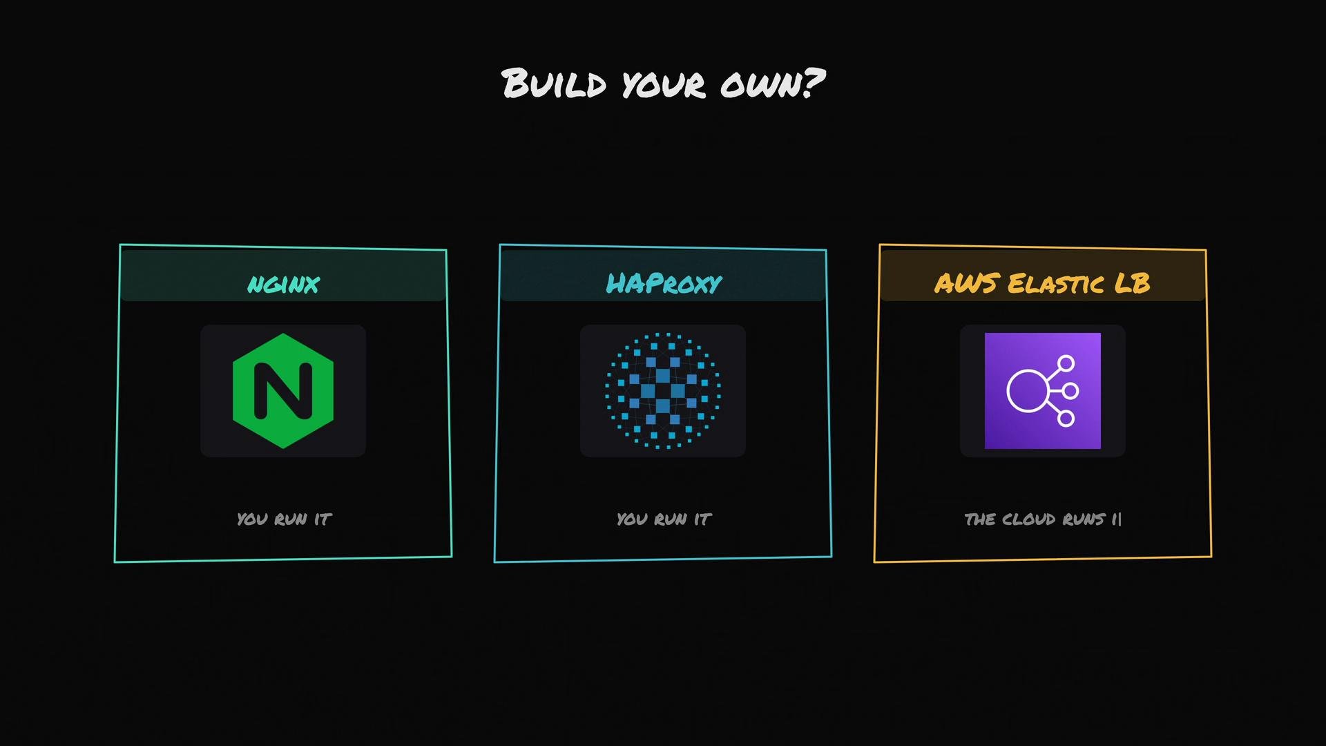 The image compares three tools: NGINX and HAProxy, where you manage the service, and AWS Elastic Load Balancing, which is cloud-managed.