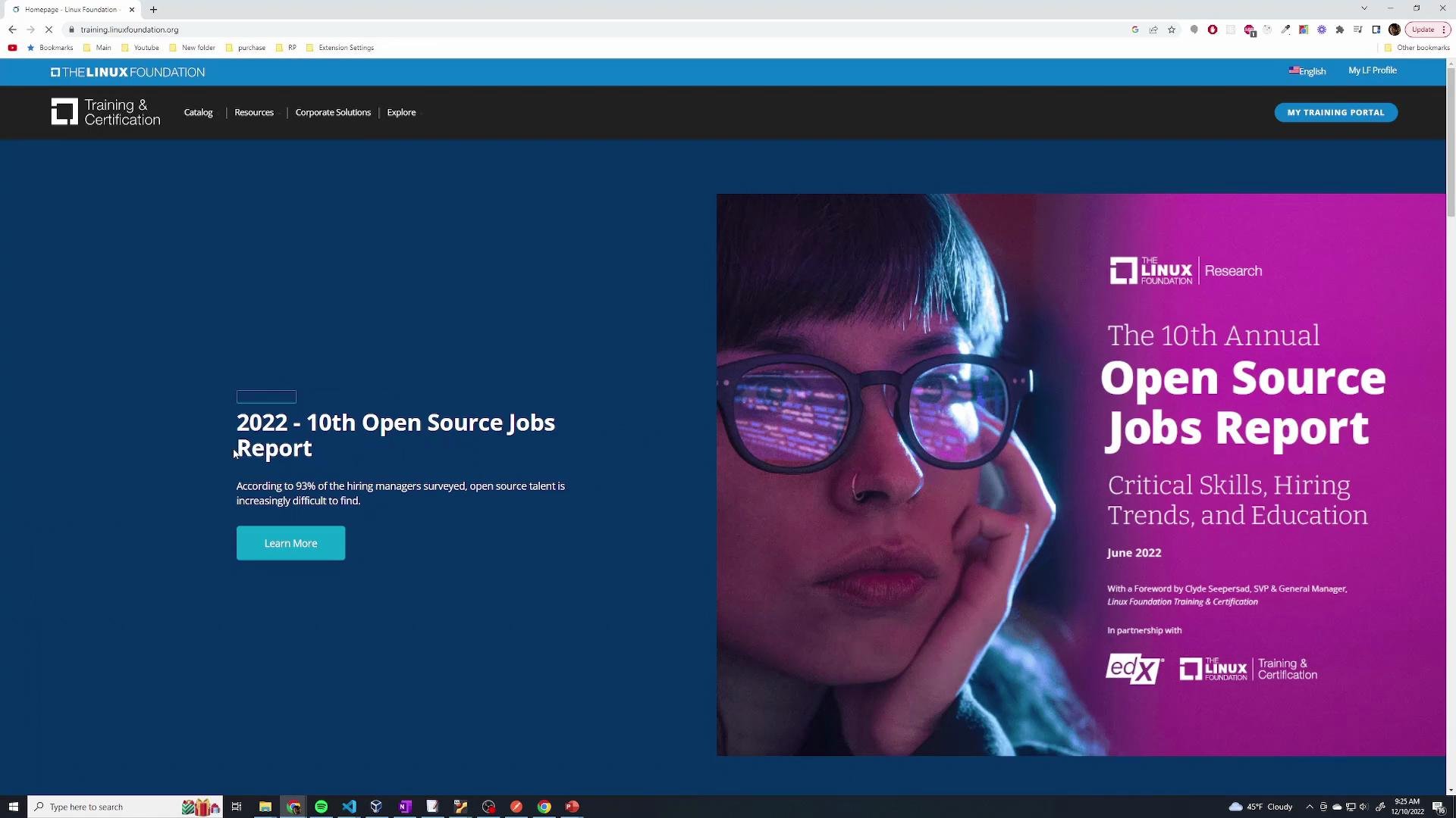 The image shows a webpage from The Linux Foundation advertising the "2022 - 10th Open Source Jobs Report." It features a person wearing glasses with code reflected in them and text highlighting critical skills, hiring trends, and education.