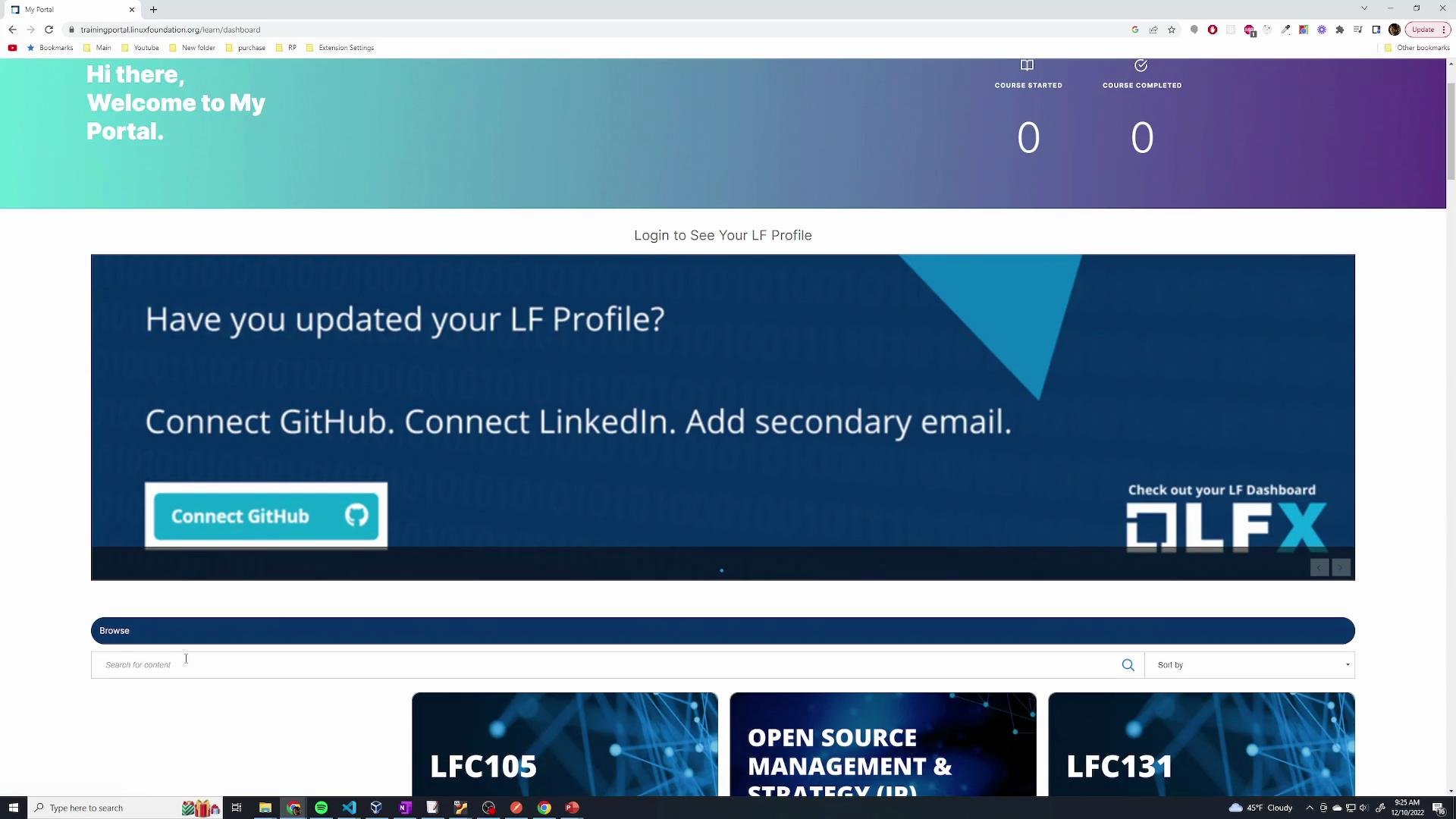The image shows a website portal interface with a welcome message and options to connect GitHub and LinkedIn. Various course options are displayed below.