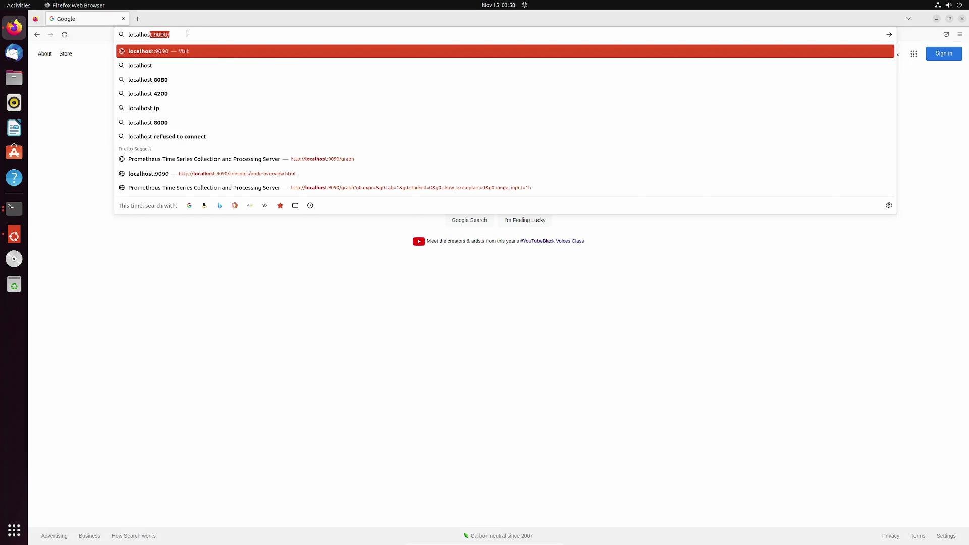 The image shows a Firefox web browser on a Linux desktop with a search for "localhost:9090", suggesting access to a Prometheus time series collection and processing server.
