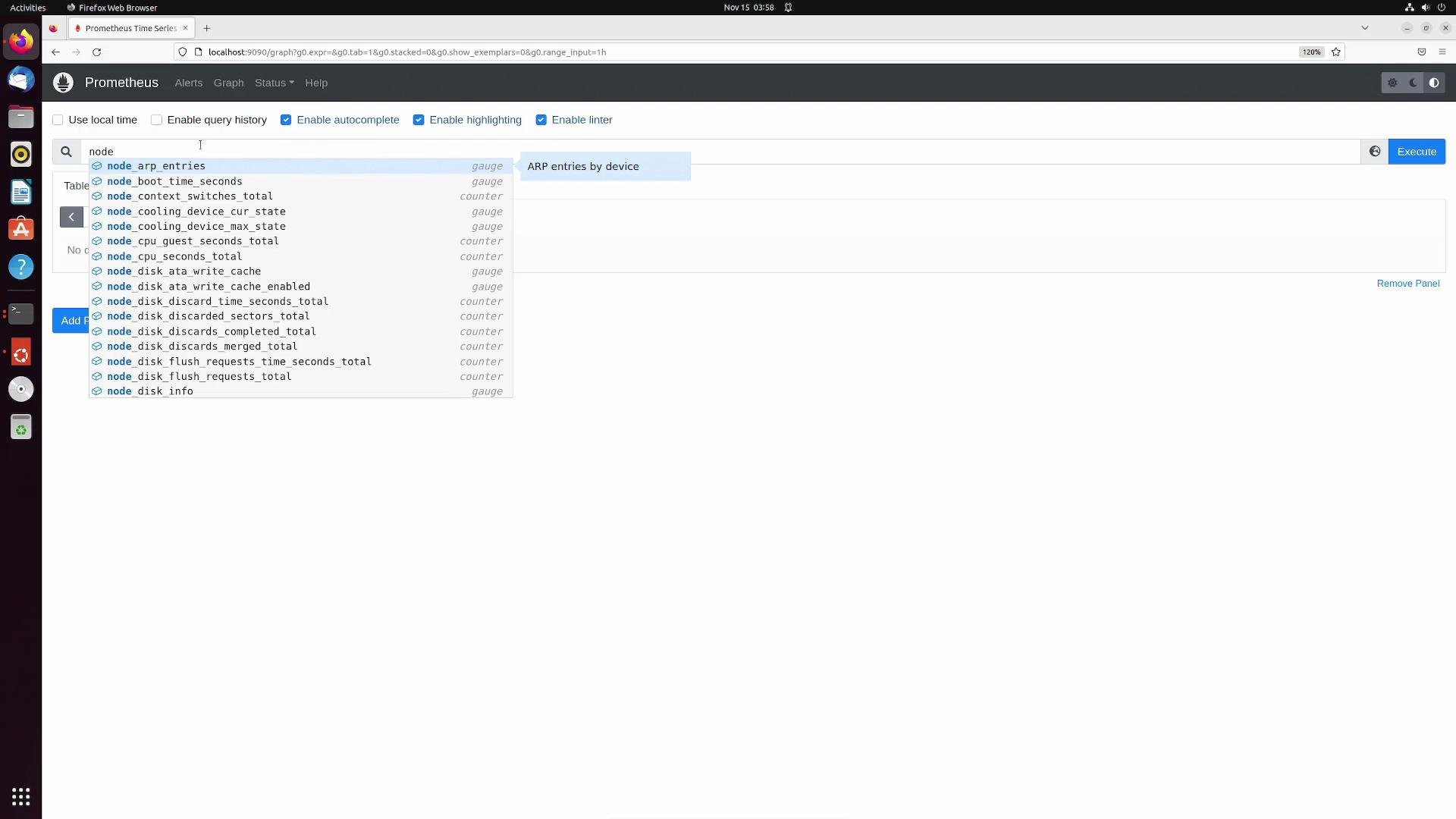 The image shows a web interface of Prometheus, a time-series database, in the Firefox browser. It displays a search function suggesting metrics, such as node_arp_entries and node_boot_time_seconds, to query.