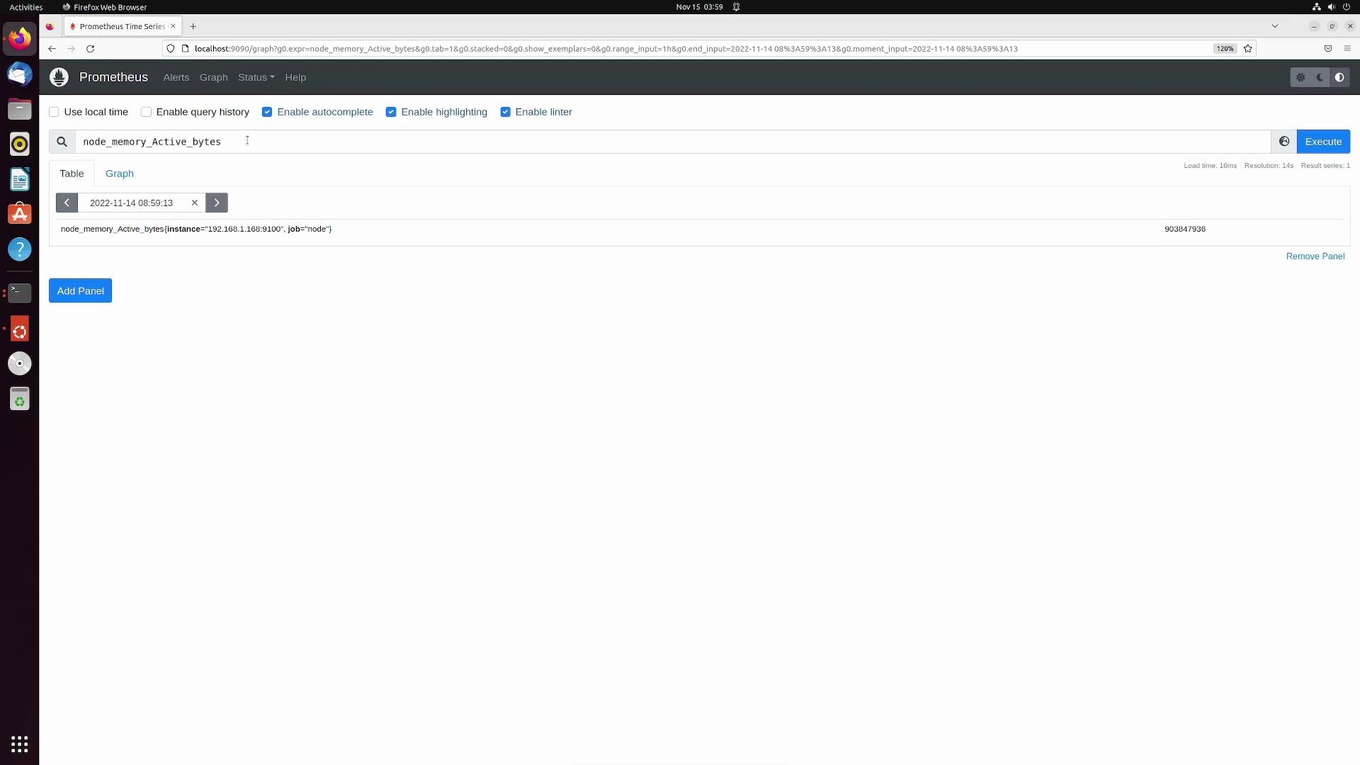 The image shows a Prometheus web interface in a Firefox browser on Ubuntu, displaying a query result for node_memory_Active_bytes with data fetched from a specified instance.