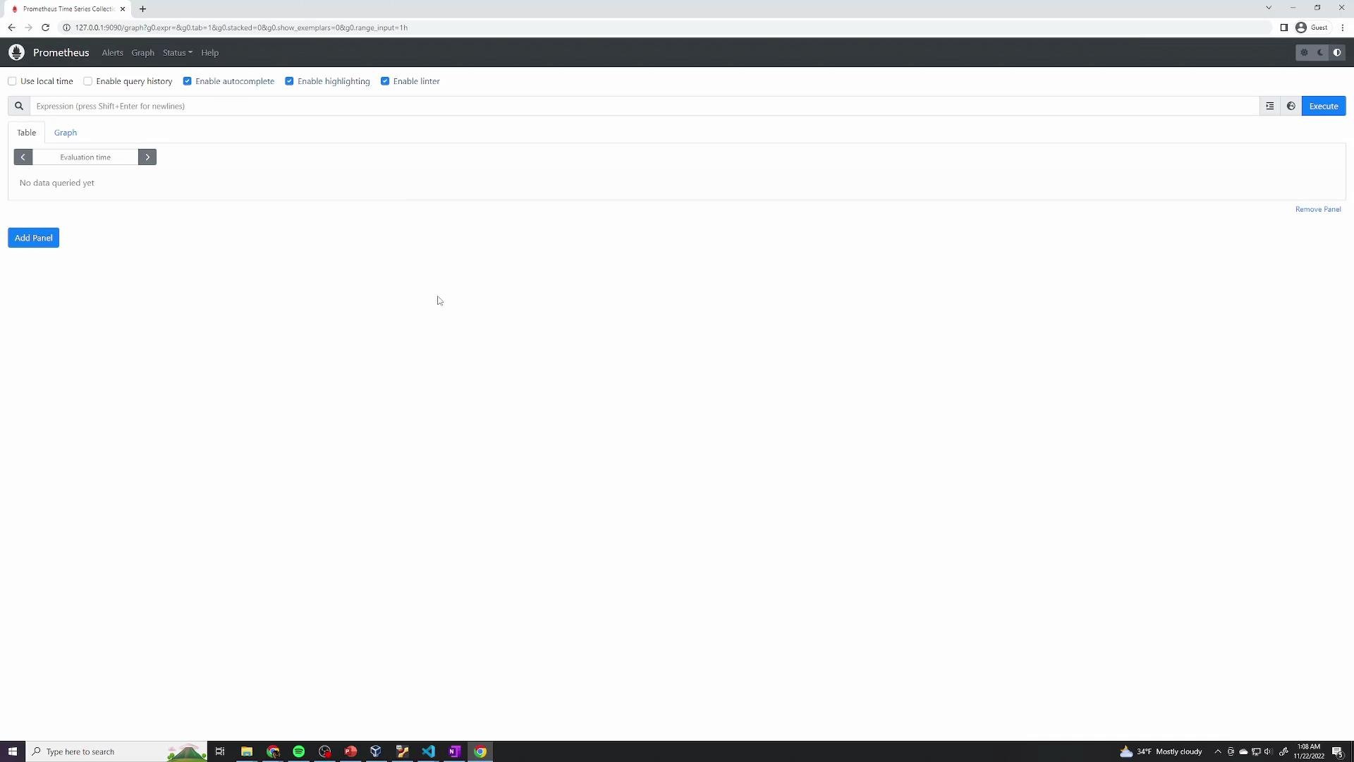 The image shows a Prometheus web interface for querying time series data, with options for enabling features like autocomplete and highlighting. It includes fields for expressions and no data has been queried yet.