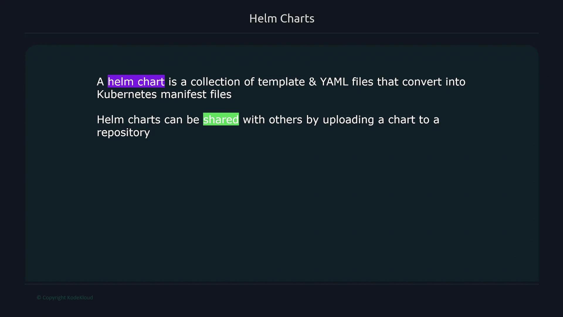 The image is a slide titled "Helm Charts" explaining that a helm chart is a collection of template and YAML files converting into Kubernetes manifest files, and that helm charts can be shared by uploading to a repository.