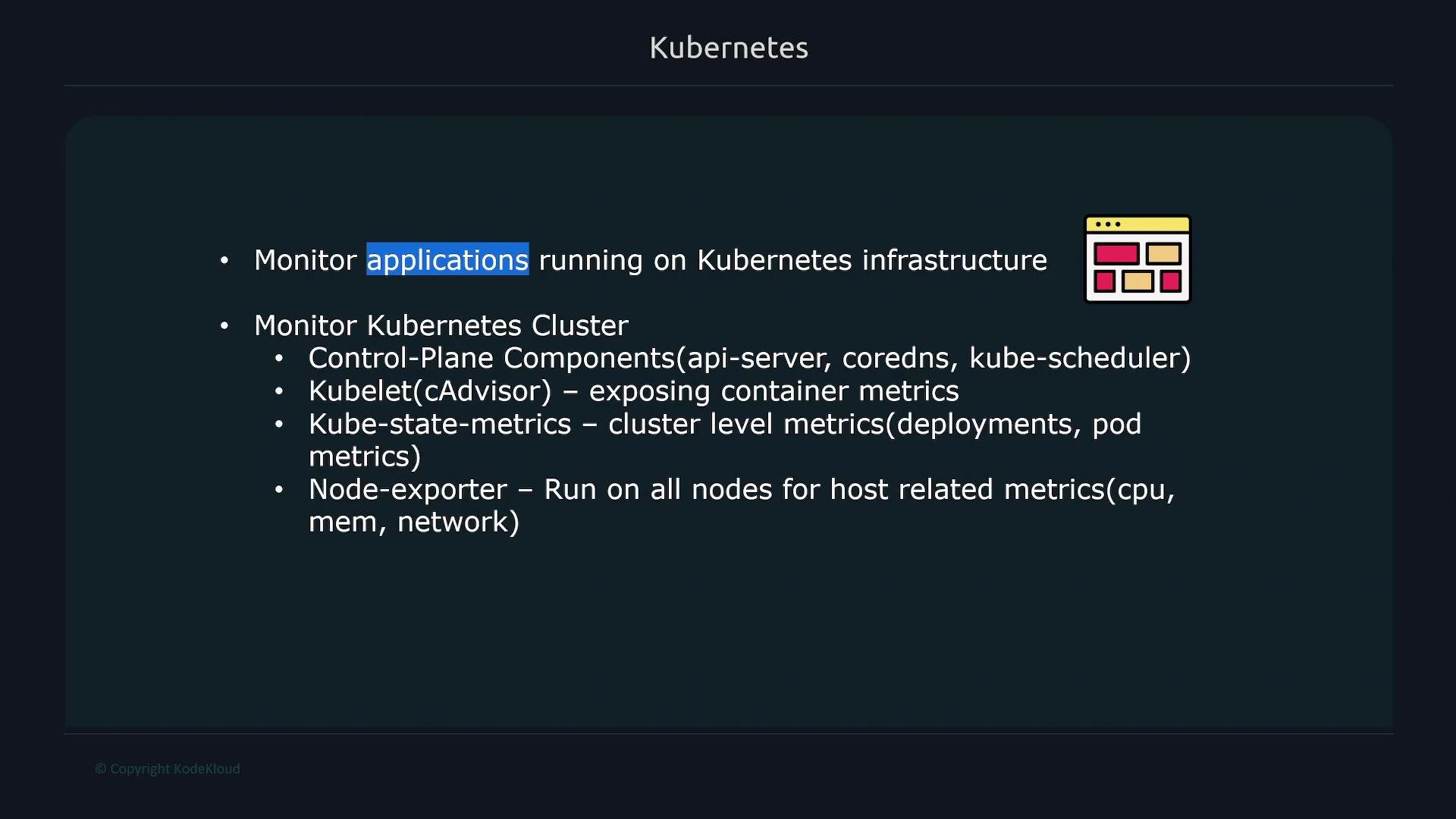 The image is a slide discussing monitoring applications on Kubernetes infrastructure, detailing the components and metrics involved.
