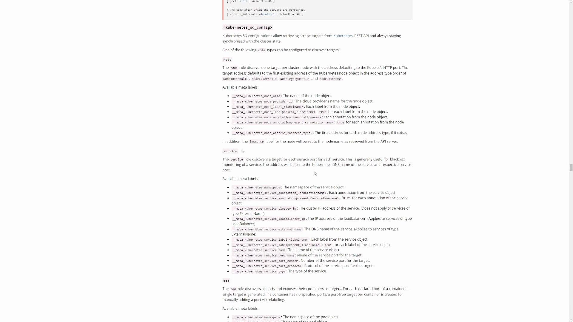 The image is a screenshot of a webpage or document describing Kubernetes SD (service discovery) configurations, detailing node, service, and pod roles with associated meta labels for retrieving targets from the Kubernetes REST API.