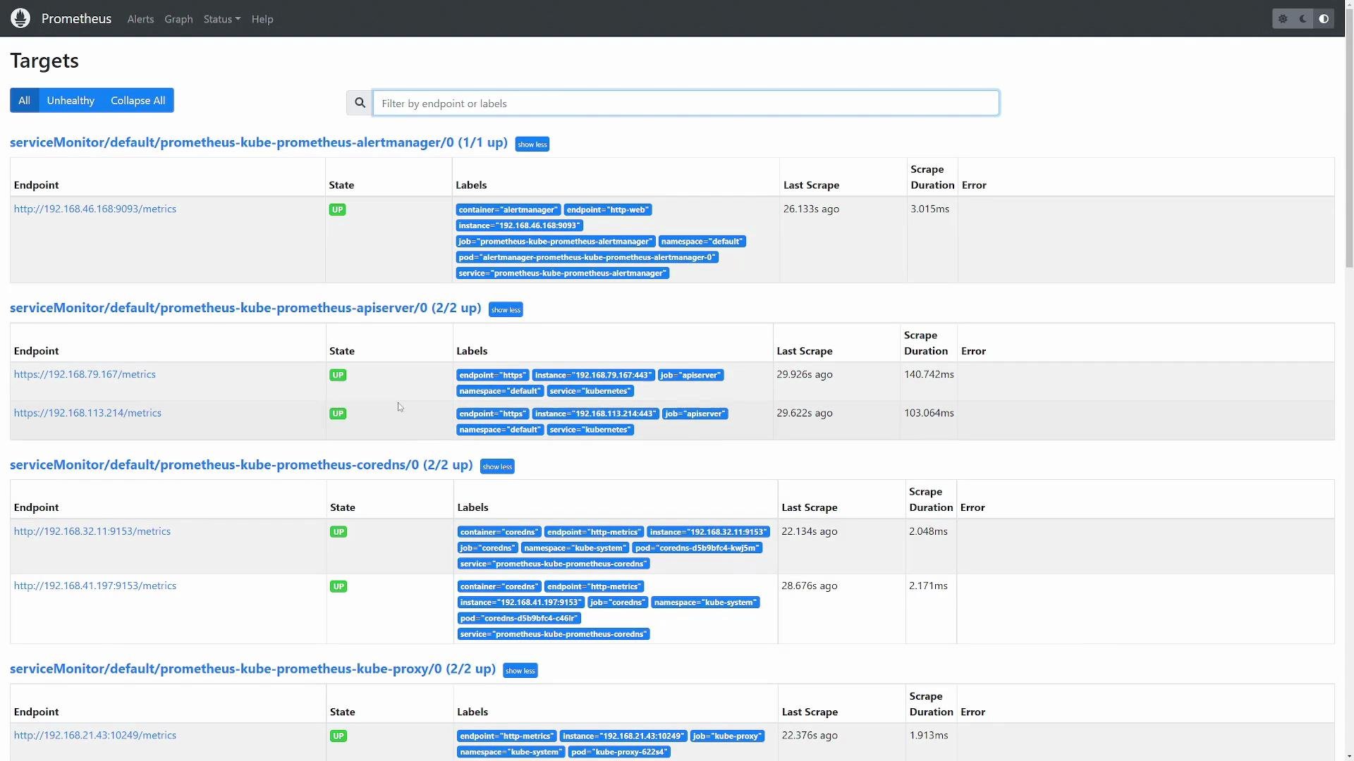The image shows a Prometheus web interface displaying the status of various monitored targets, all of which are currently in "UP" state, along with their endpoints, labels, and scrape durations.