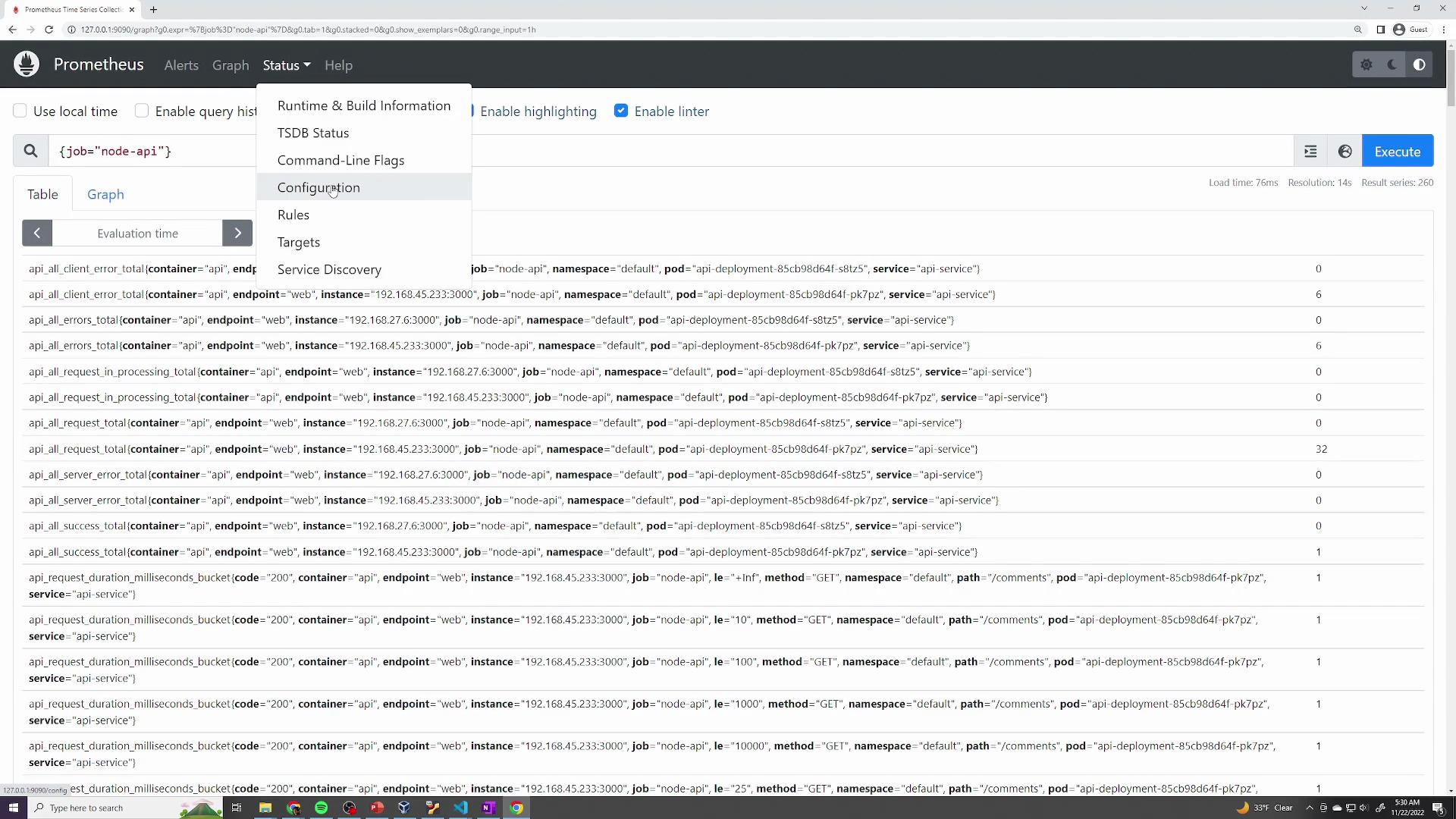 The image shows a Prometheus interface displaying a list of metrics related to API performance, with options for viewing configuration and various statistics.