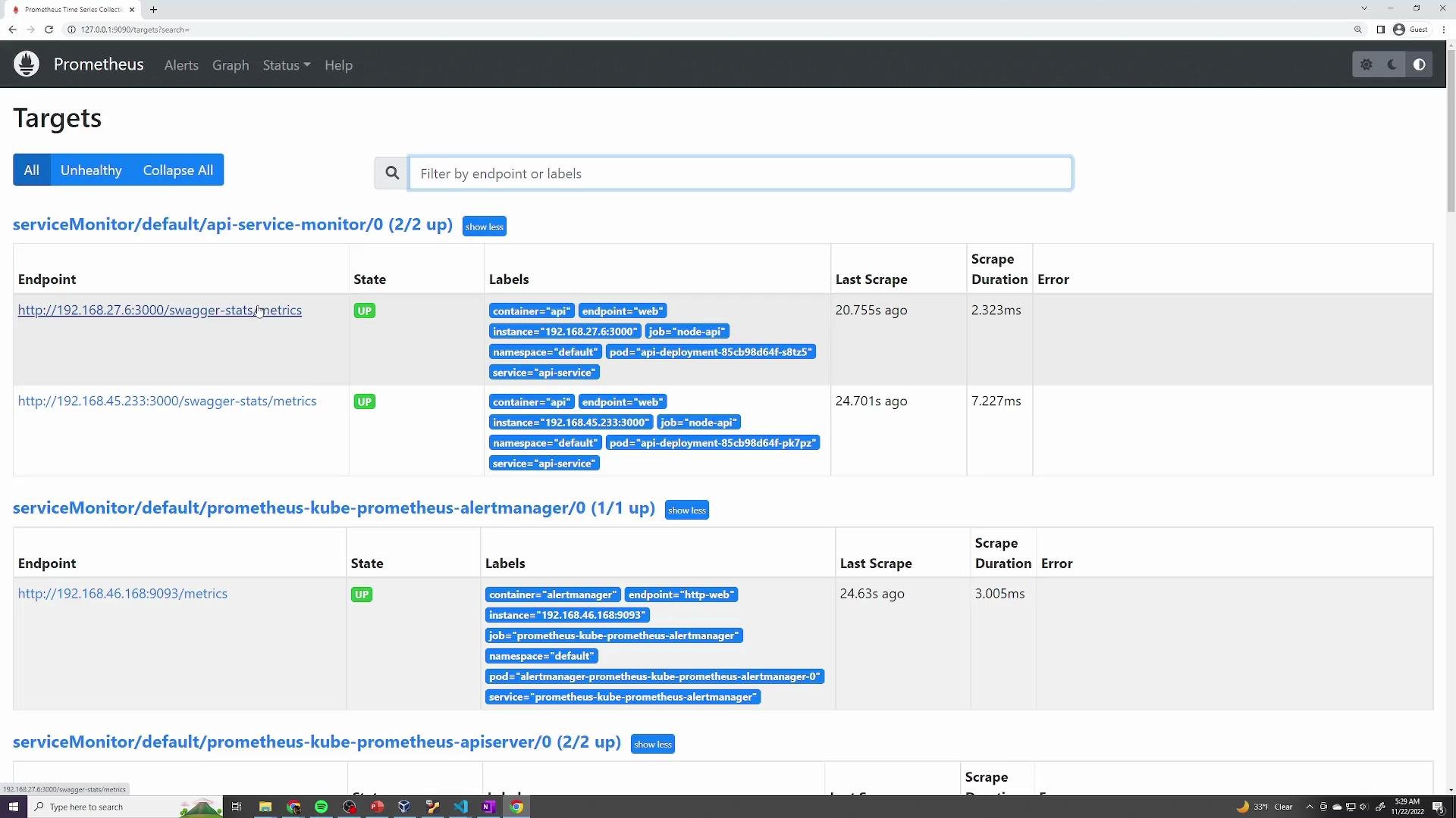 The image shows a Prometheus monitoring dashboard displaying the status of several service endpoints, with details such as their state, labels, last scrape time, and scrape duration.