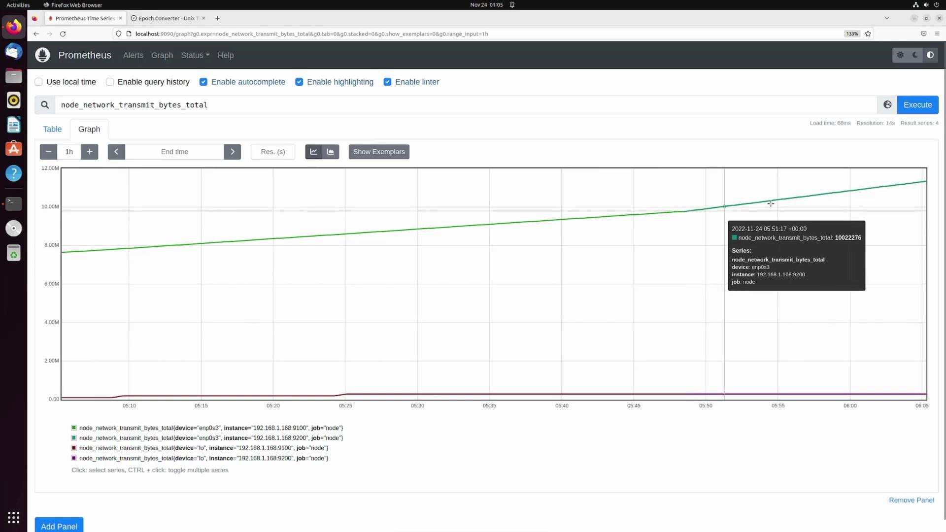The image shows a Prometheus dashboard displaying a graph of network transmission bytes over time. A hover-over tooltip provides details of the network interface and the specific timestamped data point.