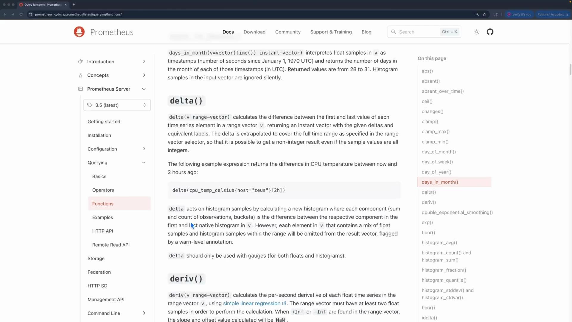 The image shows a webpage from the Prometheus documentation, specifically detailing the usage of the delta() function in querying. It features a menu on the left, content in the center, and a list of functions on the right.