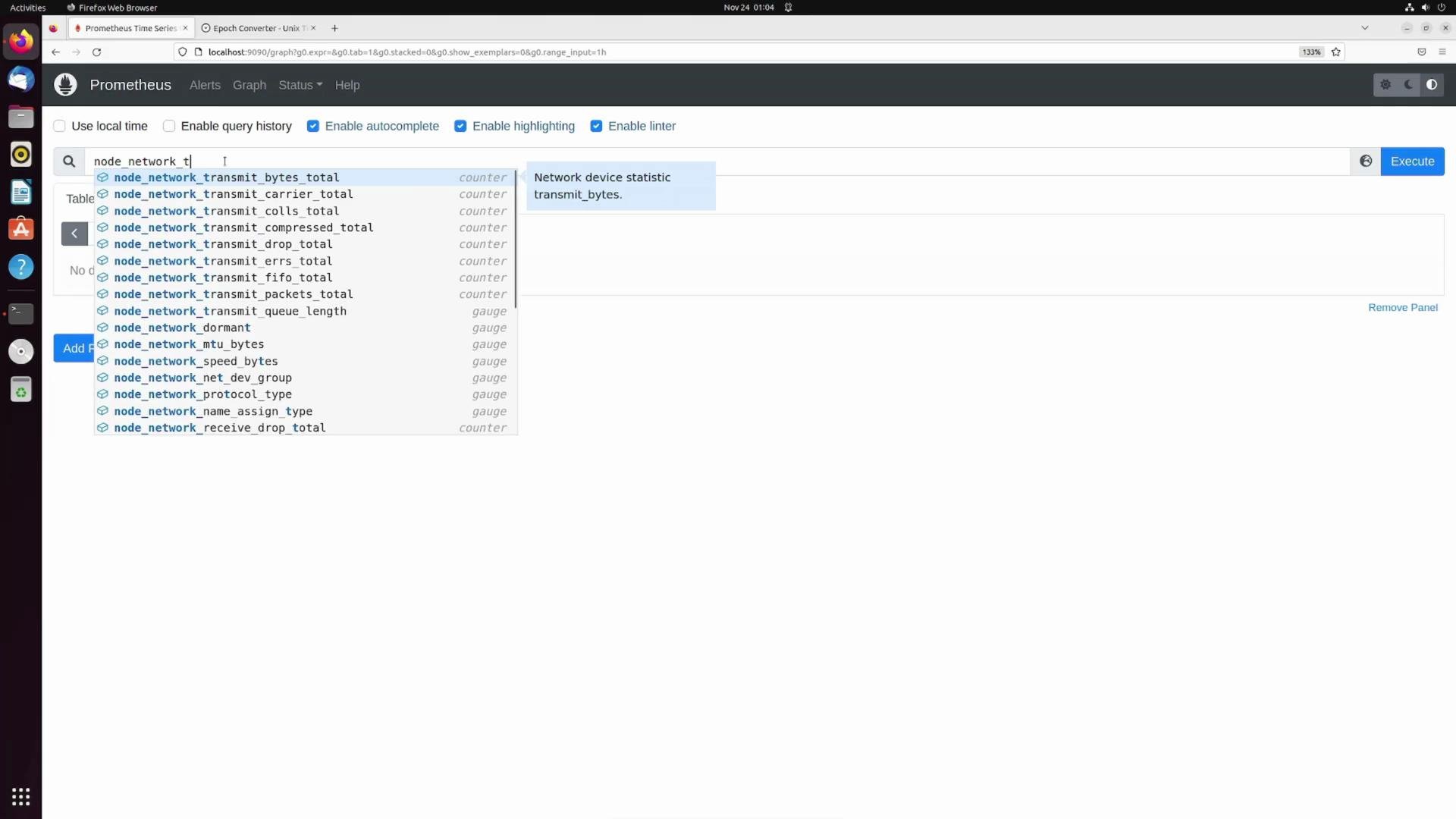 The image shows the Prometheus web interface with a query being typed in the search bar, displaying autocomplete suggestions for network device statistics.