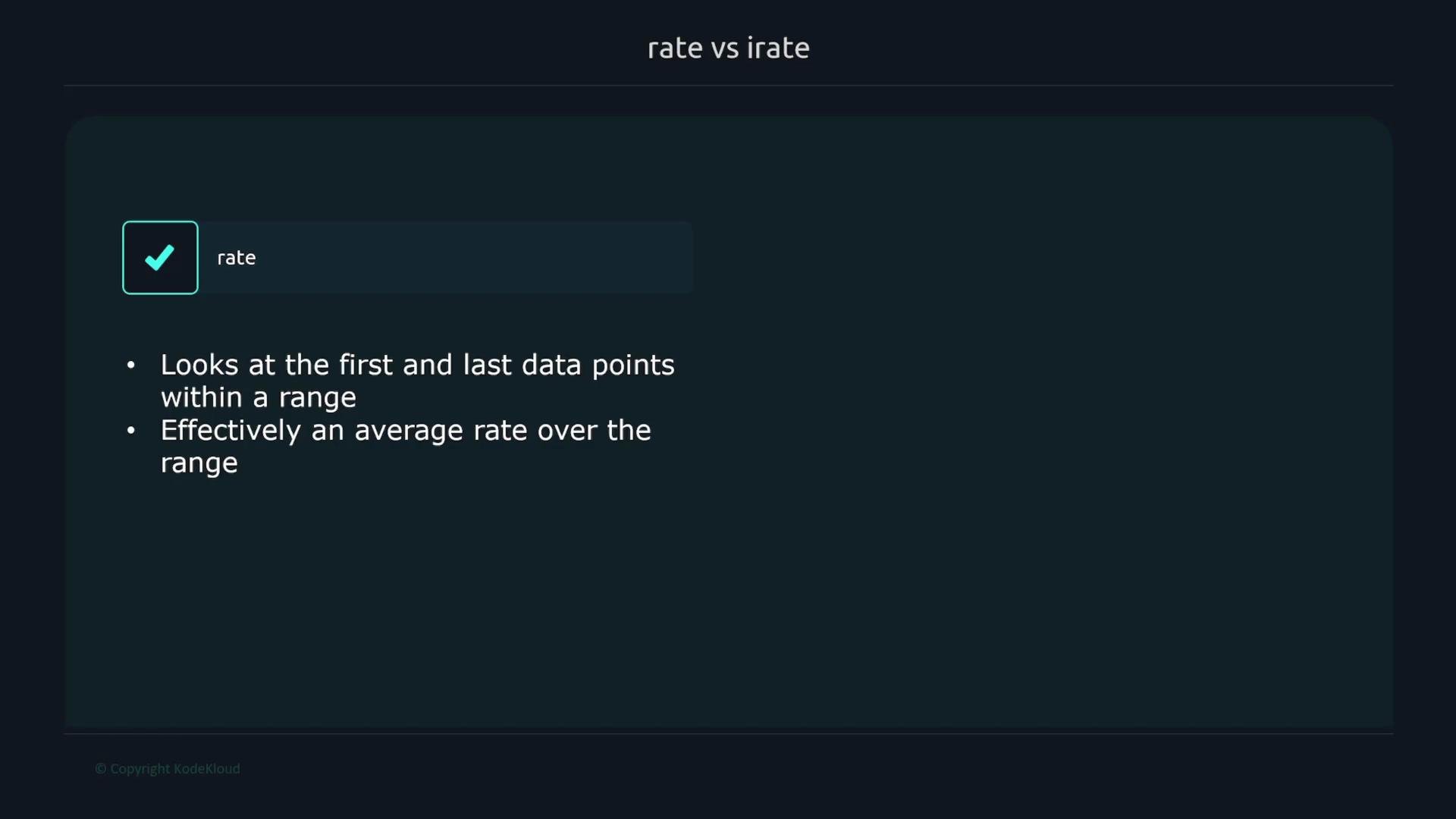 The image is a screenshot comparing "rate" and "irate", which explains that "rate" looks at the first and last data points within a range and is effectively an average rate over the range.