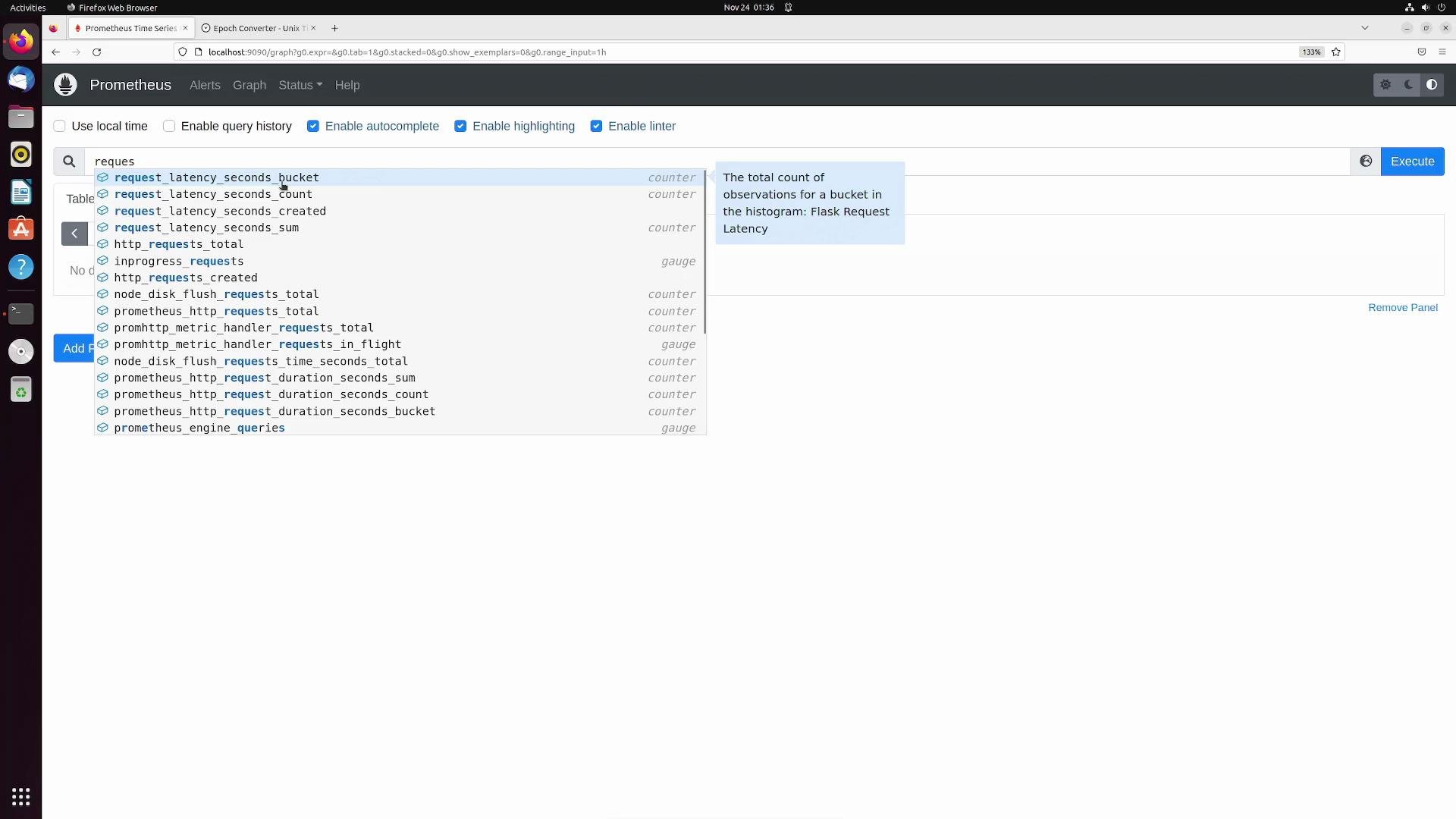 The image shows the Prometheus web interface on a Firefox browser, with a dropdown list of metric options related to request latency and totals.