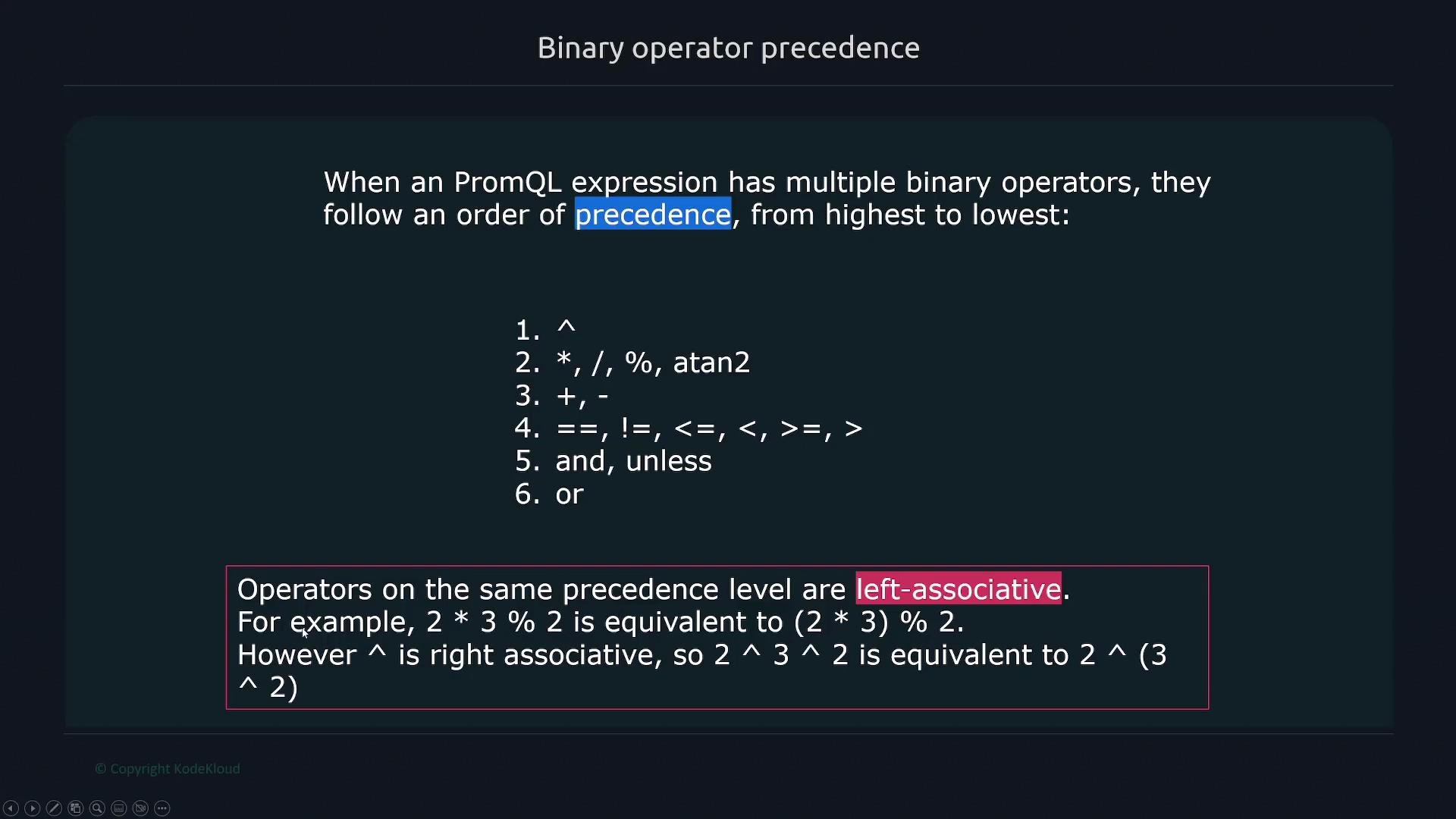 The image explains the precedence order of binary operators in PromQL, listing them from highest to lowest, with additional information on operator associativity.