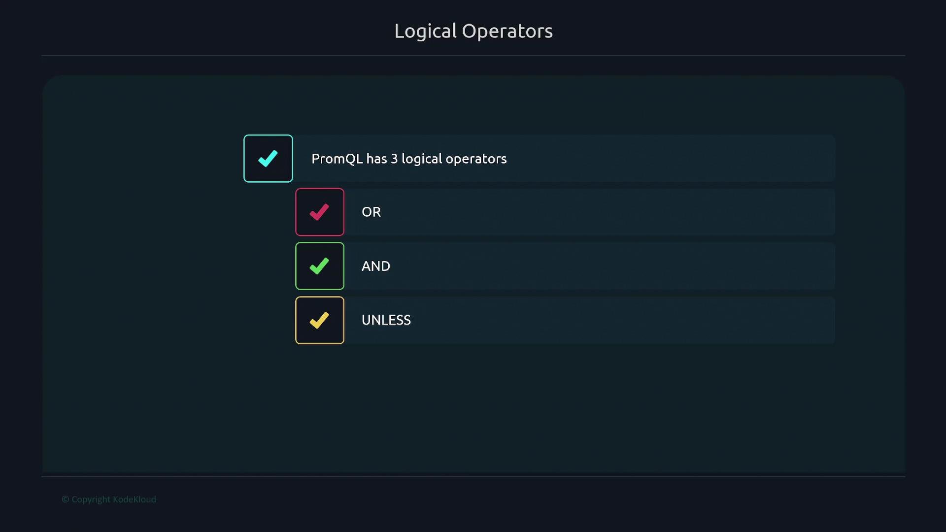 The image lists PromQL's three logical operators: OR, AND, and UNLESS, each with a colored checkmark.