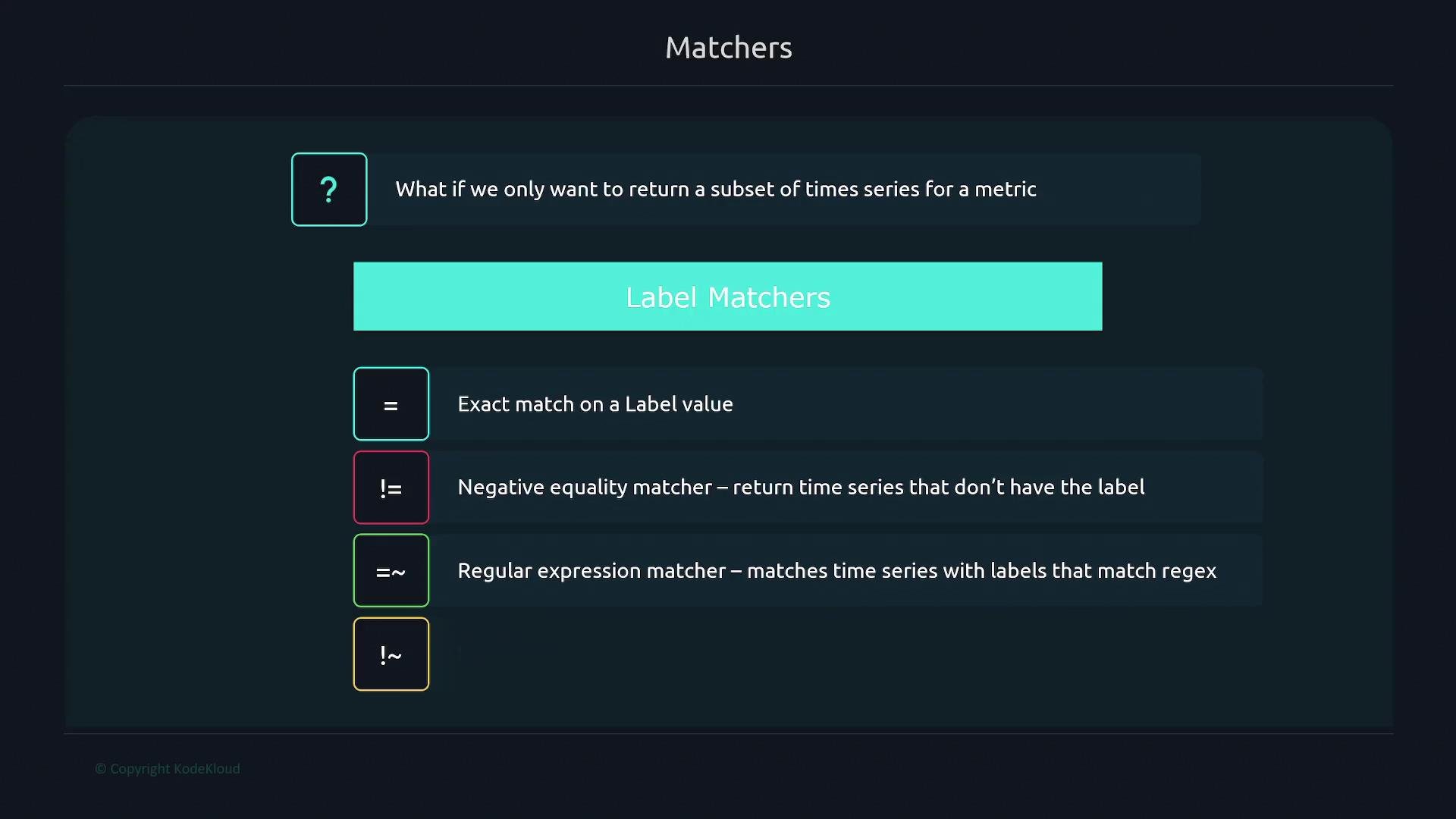 The image is a guide on "Matchers" for time series metrics, outlining different types of label matchers such as exact match, negative equality matcher, and regular expression matcher.