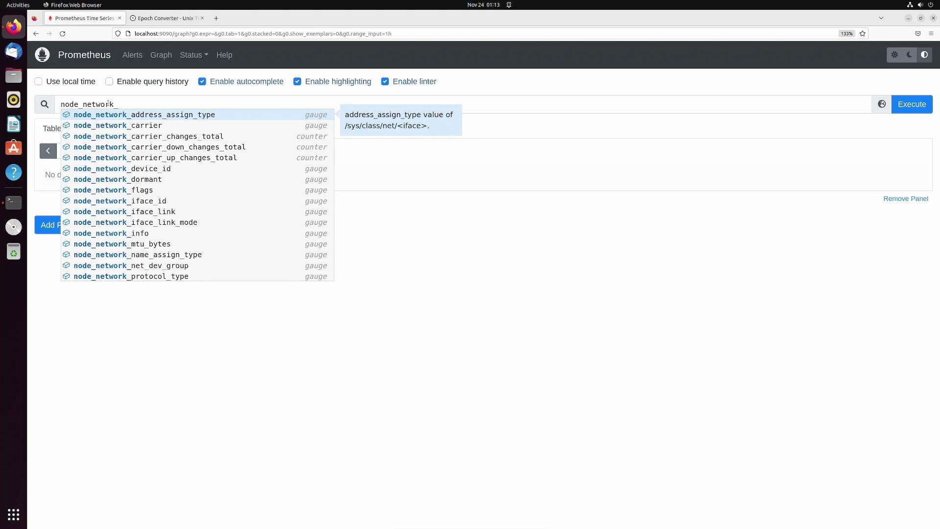 The image shows the Prometheus query interface in a web browser, where various network-related metrics are listed with prefixes, such as "node_network," and a search bar is used to filter them.